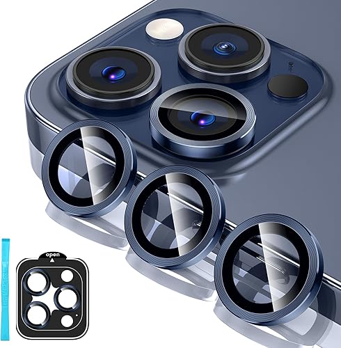Tensea Protector de lente de cámara para iPhone 15 ProiPhone 15 Pro Max, protector de pantalla de vidrio templado 9H, anillo individual de metal