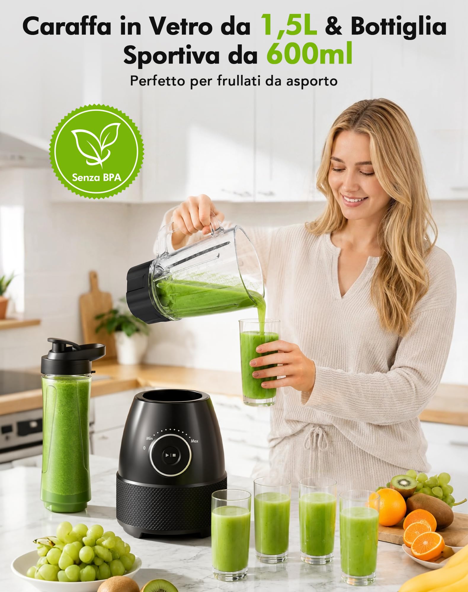 Frullatore, 1500W Elettrico Frullatore Smoothie con Caraffa in Vetro da 1,5L e Bottiglie Portatili 600ml, Velocità Regolabile, Lama in Acciaio Inox per Gelato, Frutta, Verdura