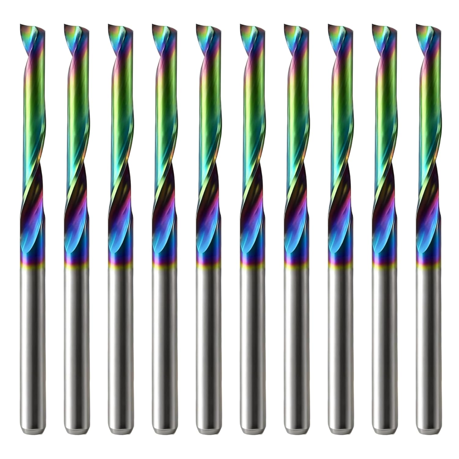O Flute CNC Router Bits with DLC Coating, 1/8 Inch Shank Single Flute Spiral End Mill, Solid Carbide Up-Cut Milling Cutters for Aluminium, Acrylic, PVC, Plastic, Wood and MDF (Pack of 10)