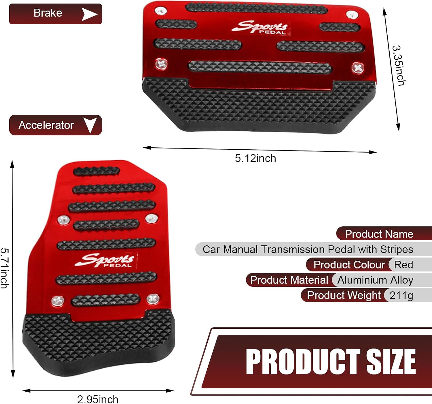 2 PCS Car Pedal Pads Set, Alloy Non-slip Accelerator Brake Pedal Covers, Automatic Sporty Decorative Accessories, Universal for Most Cars (Red)