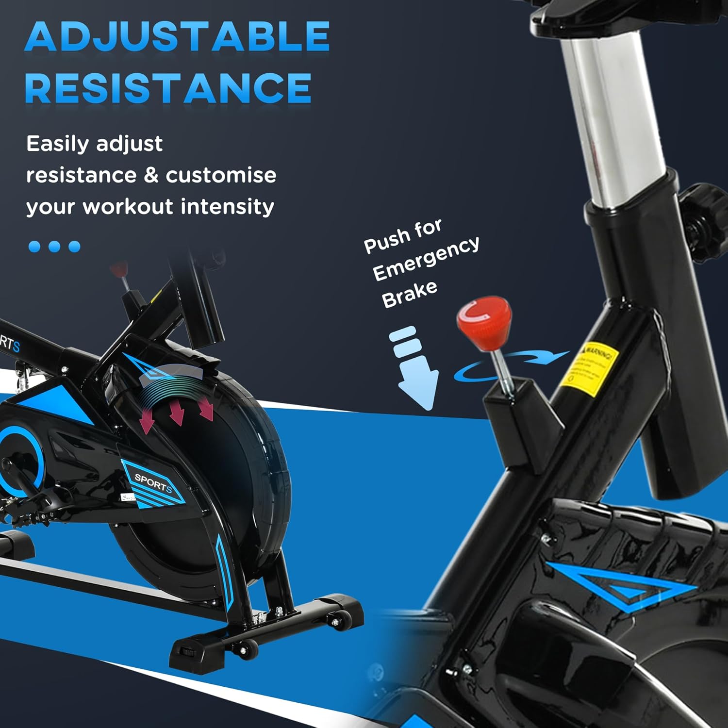 Adjustable resistance knob and emergency brake on Soozier Exercise Bike
