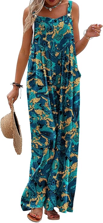 YESNO Womens Summer Casual Overalls Loose Wide Leg Jumpsuits Boho Floral Printed Baggy Rompers with Pockets PZH
