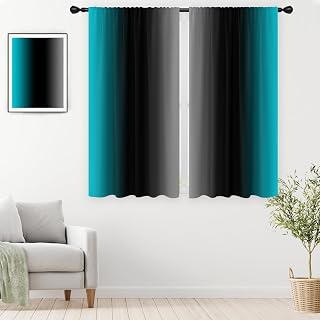 Black Teal Grey Curtains, Ombre, 2 Panels, 42" W x 63" L, Rod Pocket