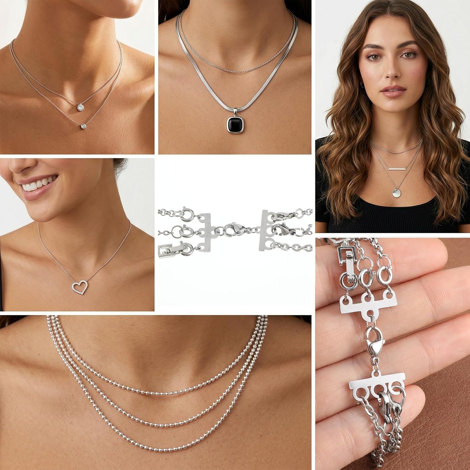 Necklace Layering Clasp, 2 PCS Necklace Separator for Layering Multiple Stacker Clasp Anti Tangle Necklaces Connectors Detangler Clasps for Multiple Necklaces, Easy to Use