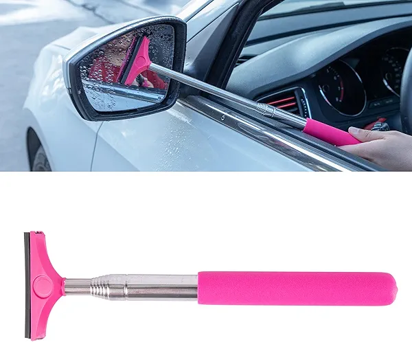 Car Rearview Mirror Wiper, Telescopic Car Mirror Squeegee Cleaner, Retractable Side Mirror Glass Mist Cleaner, Cleaning Rear-View Mirror Snow Brush Glass Mist Tool for All Vehicle(Pink)