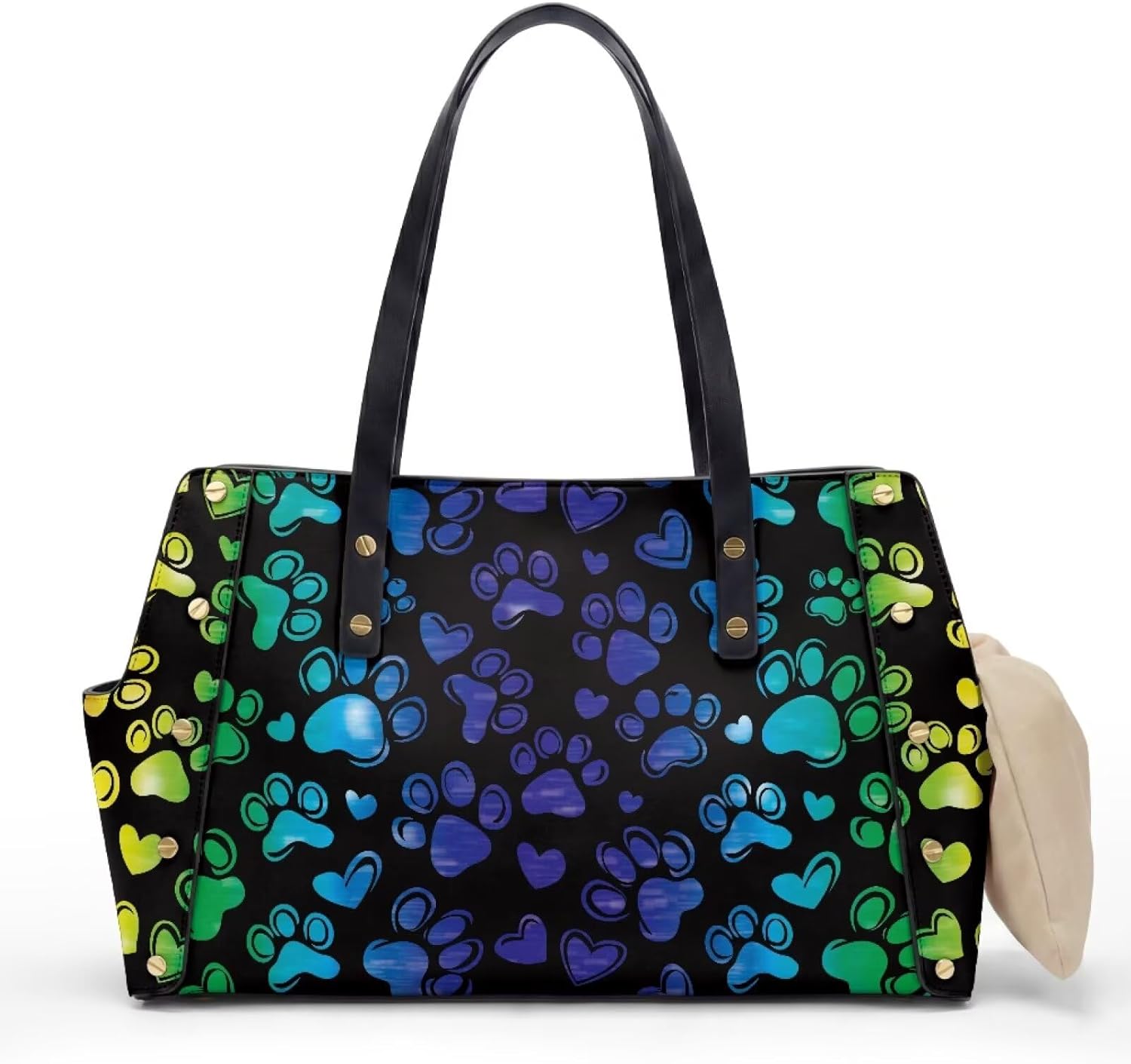 COEQINE Dog Carriers for Small Dogs 15 Ibs Rainbow Paw Prints Black Soft PU Leather Travel Sling Bag for Men Women Travel Pet Bag for Outdoor Travel Walking Hiking Shopping