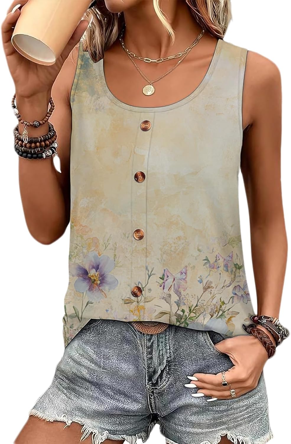 Womens Square Neck Tank Tops Sleeveless Henley Loose Fit Floral Blouses Casual Summer Tops Trendy Lightweight Breathable Shirts for Women Daily Office Wear,Floral-48,S