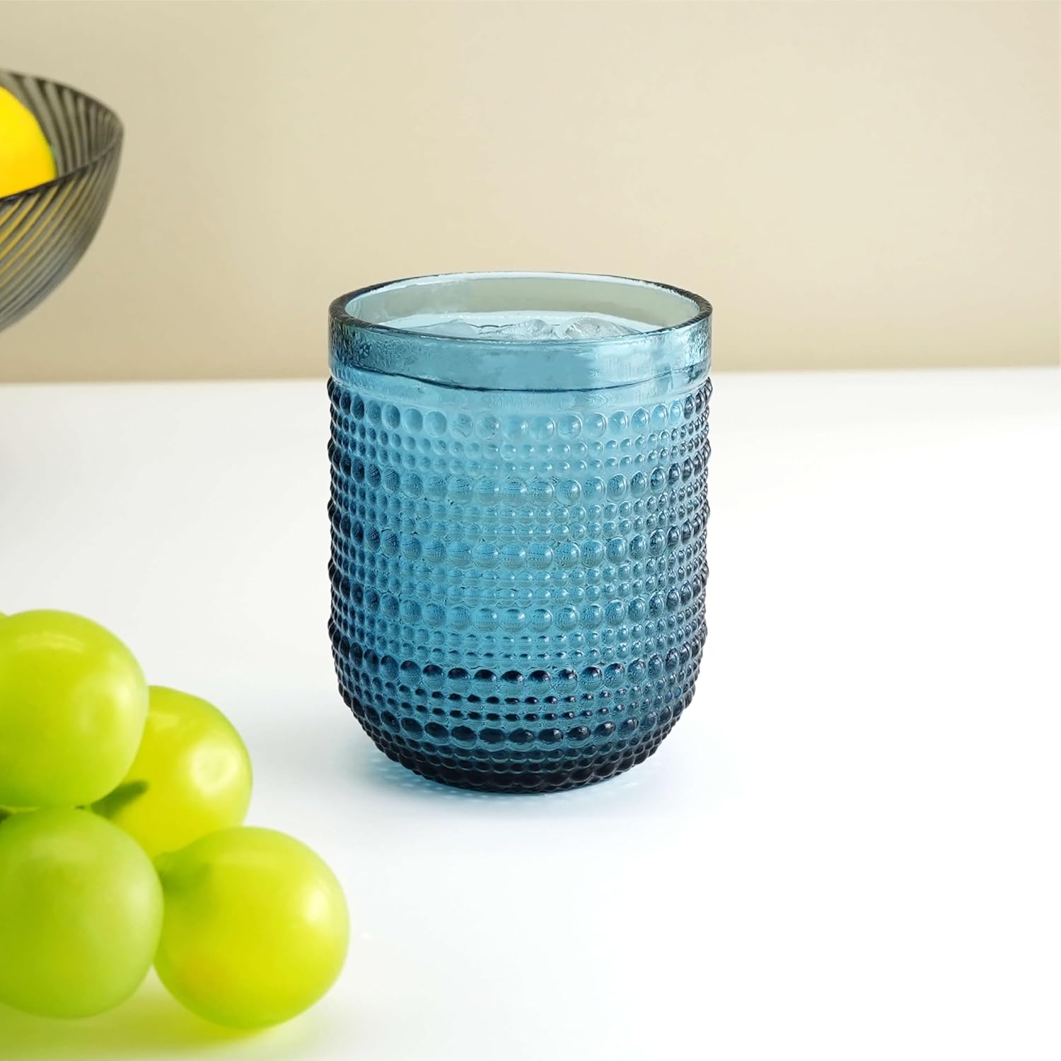 Colored Vintage Hobnail Glasses, 12 oz Drinking Tumblers Set of 6, Textured Glassware, Lead-Free Water Juice Cocktail Cups (2×Red, 2×Blue, 2×Green)