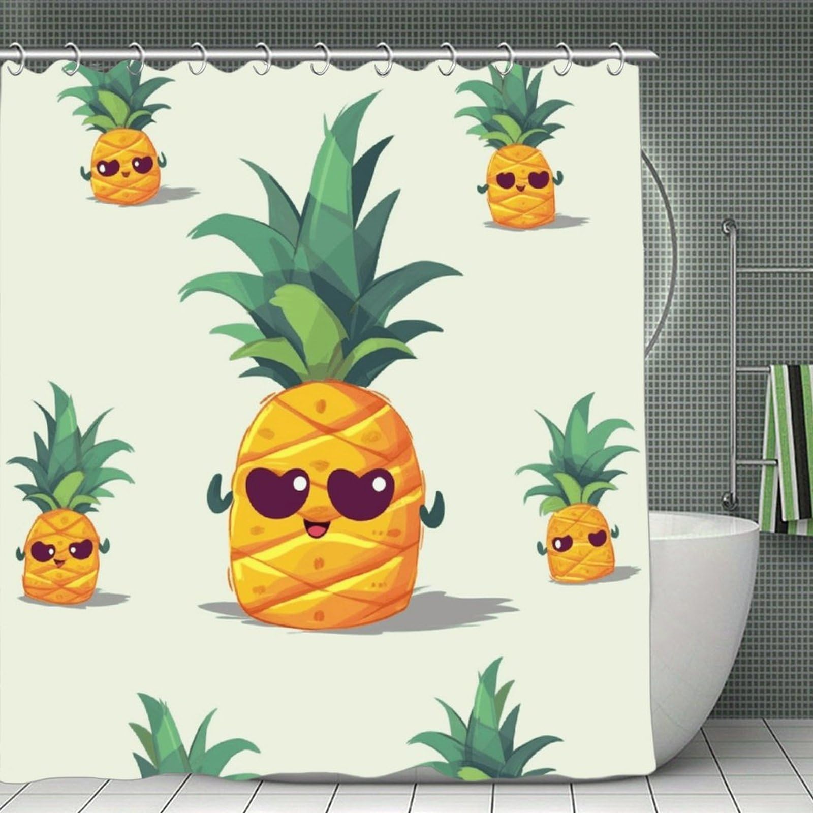 VstaDank Cute Pineapple Shower Curtain Waterproof Bathroom Shower Curtain with C Type Hooks Soft Lightweight Shower Curtains Liner Washable Polyester Cloth Shower Liner 71x71 Inch