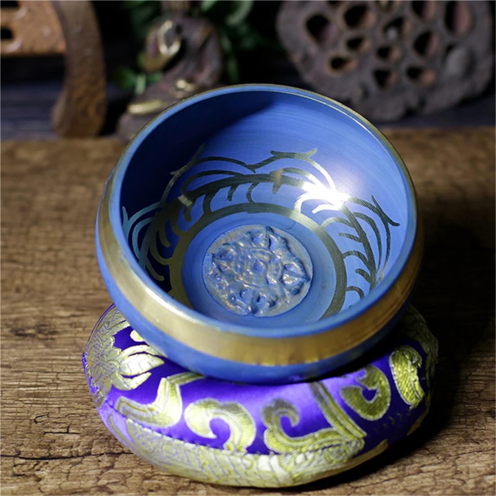 Cuenco tibetano Color azul cojín de seda mazo doble superficie