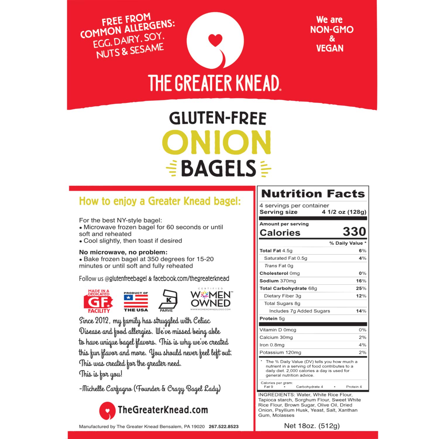 Greater Knead Gluten Free Bagel - Onion - Vegan, non-GMO, Free of Wheat, Nuts, Soy, Peanuts, Tree Nuts (4 bagels)