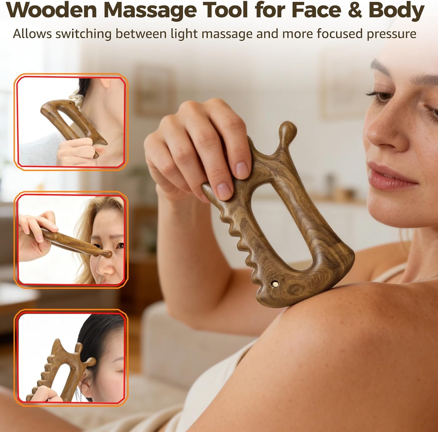 Wooden Gua Sha Massage Tool for Face and Body, Acupressure Massager