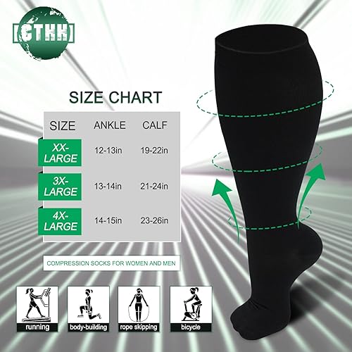 Miniatura 32 de Paquete de 3 calcetines de compresión de talla grande para mujeres y hombres, medias extra anchas hasta la rodilla para soporte de circulación