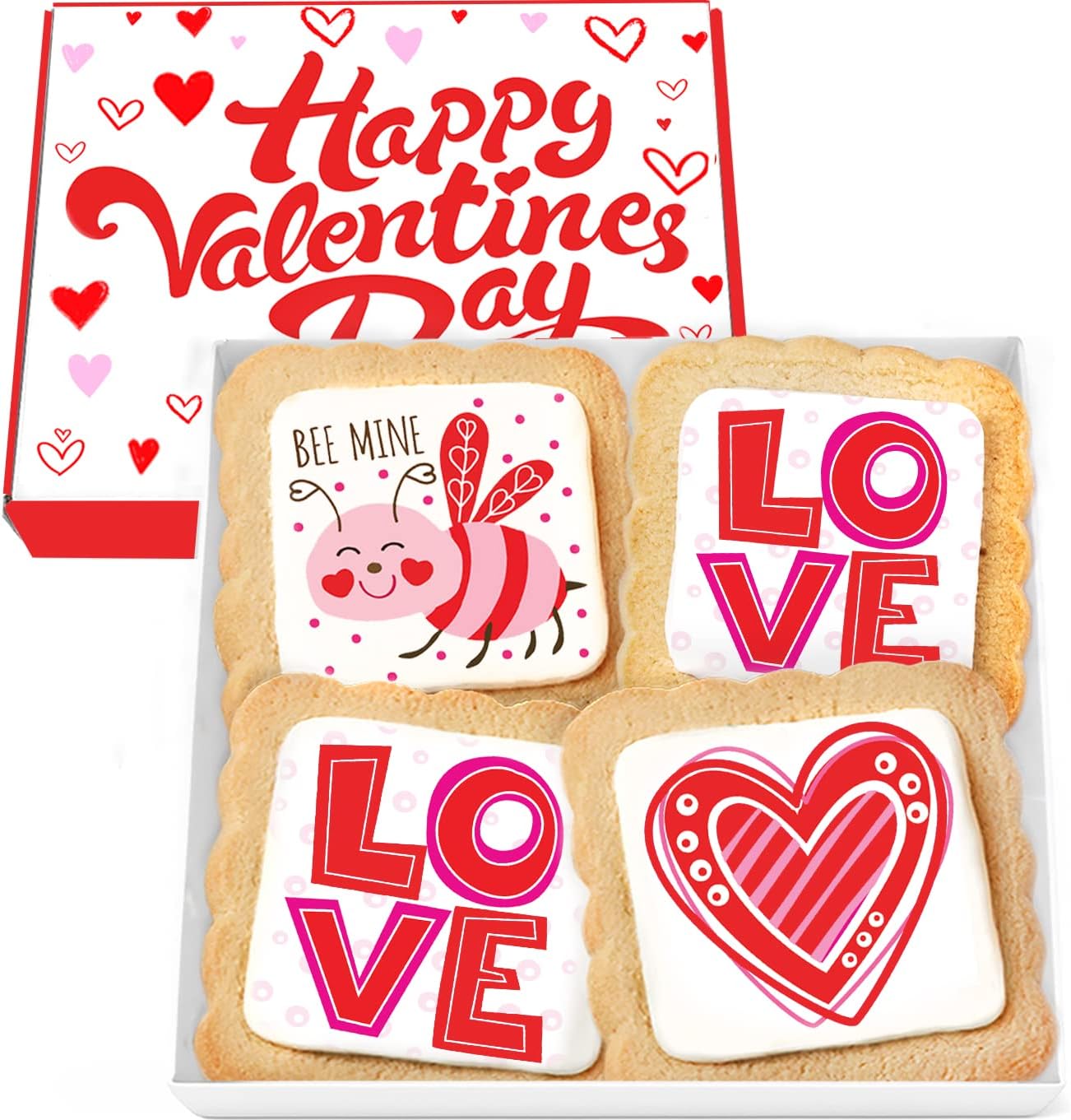 Valentines Day Cookies Gift Baskets Box for Men Women Kids | Heart Love Cookie Treats decorated | Individually Wrapped Sugar | Nut Free | 4 Pack