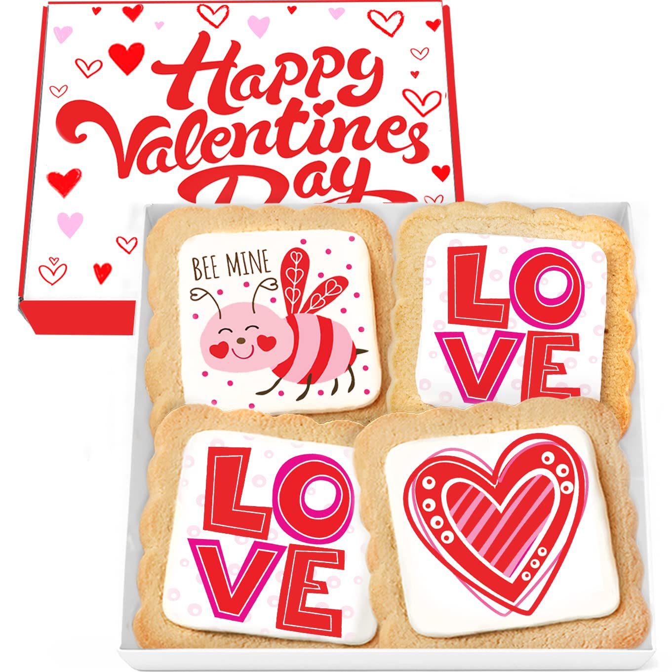 Cookies Gift Baskets Box for Men Women Kids | Heart Love Cookie Treats decorated | Individually Wrapped Sugar | Nut Free | 4 Pack Val Day