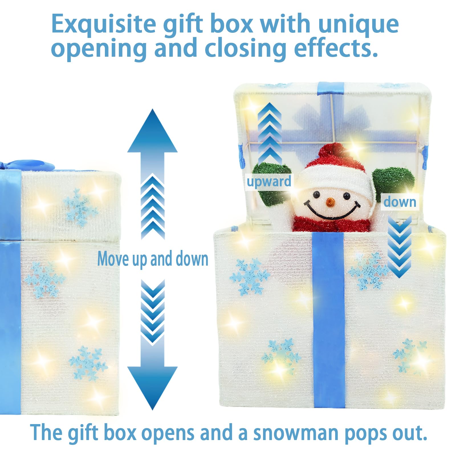 Boîte cadeau en forme de bonhomme de neige animé, blanc, boîte pop-up de Noël, boîte décorative en forme de flocon de neige, avec 20 lumières scintillantes, pour décoration de vacances