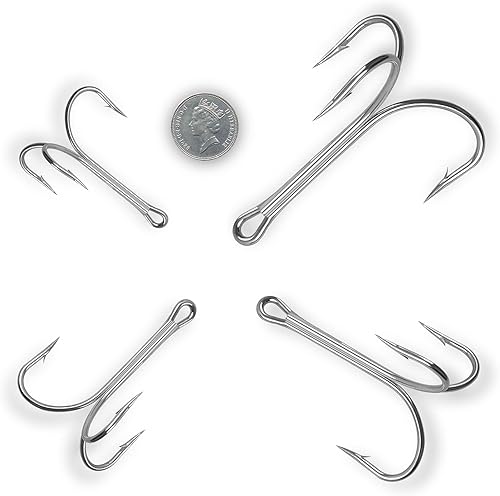 Miniatura 5 de 15 ganchos de pesca clásicos de agudos de gran tamaño, color plateado, con triple púa, fuerte y afilado, para agua salada, tamaño 40 60 70 80 90 100