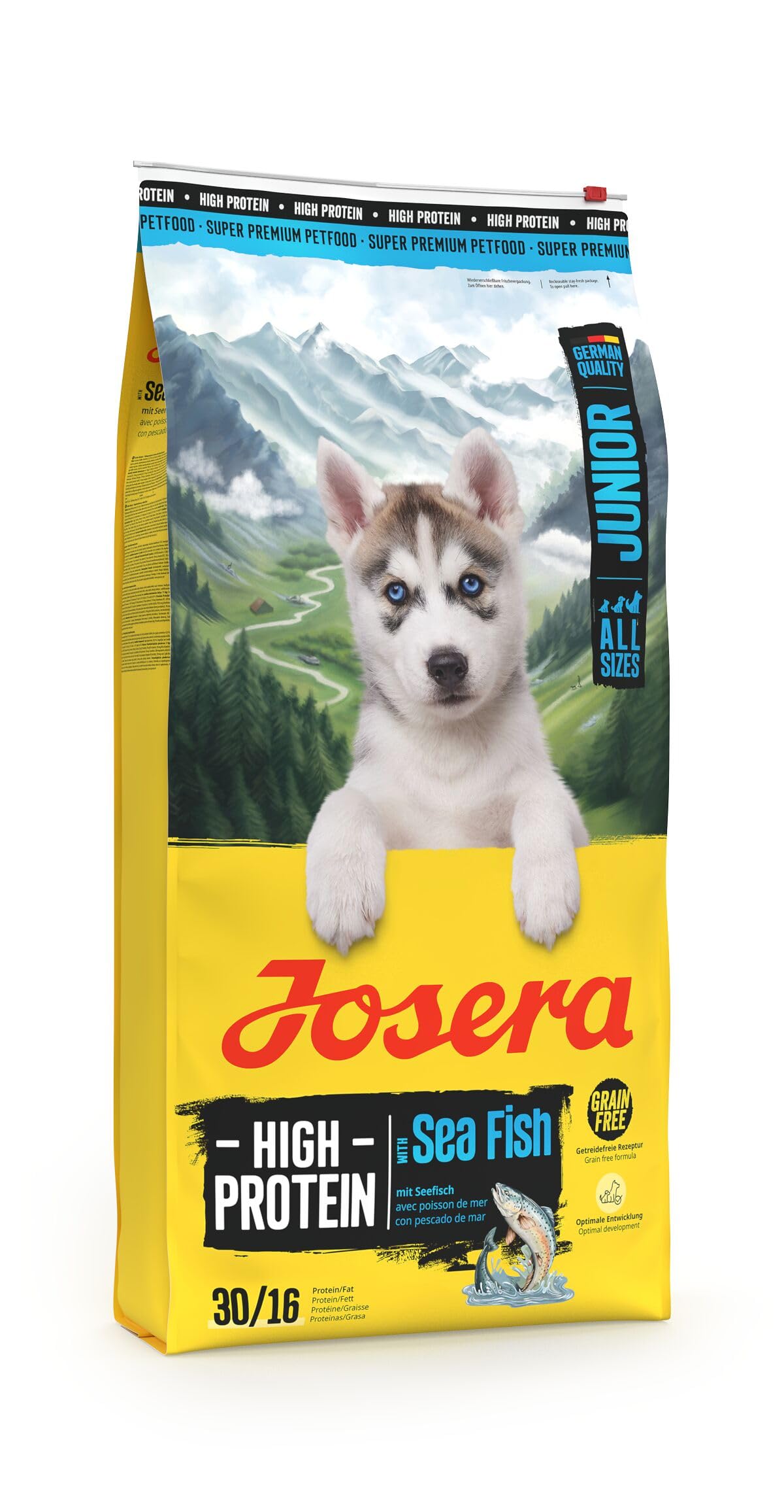 JOSERA High Protein Seefisch (1 x 12,5 kg) | Junior | Premium Trockenfutter mit Lachs & Süßkartoffel für aktive Hunde ab der 6. Woche| getreidefrei & proteinreich | L-Carnitin & Taurin | 1er Pack
