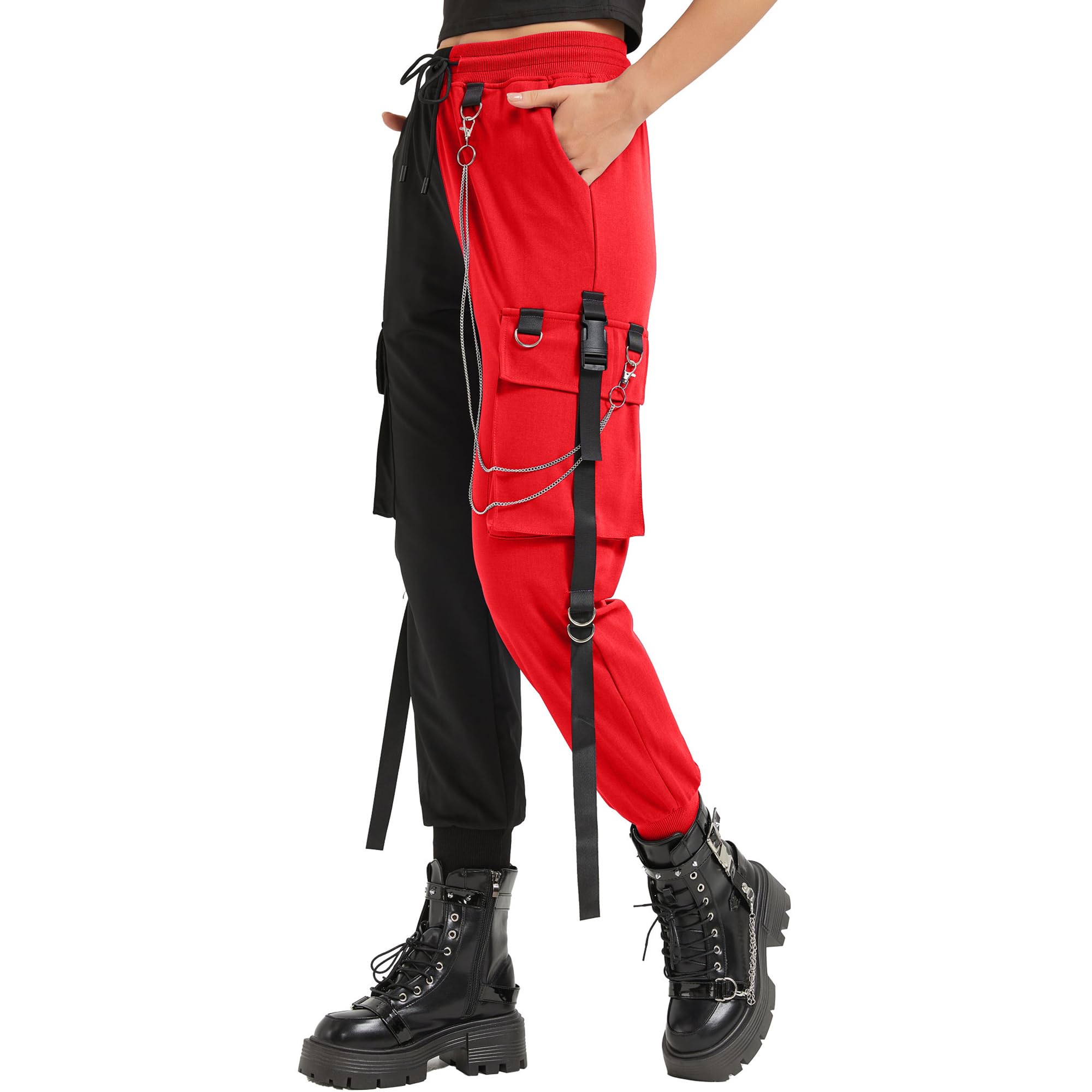 Pantalones Cargo Negros para Mujer, Techwear para Mujer, Sueltos, Estilo Street Rock, Estilo Casual, Pantalones Negros con Cadena, Pantalones góticos
