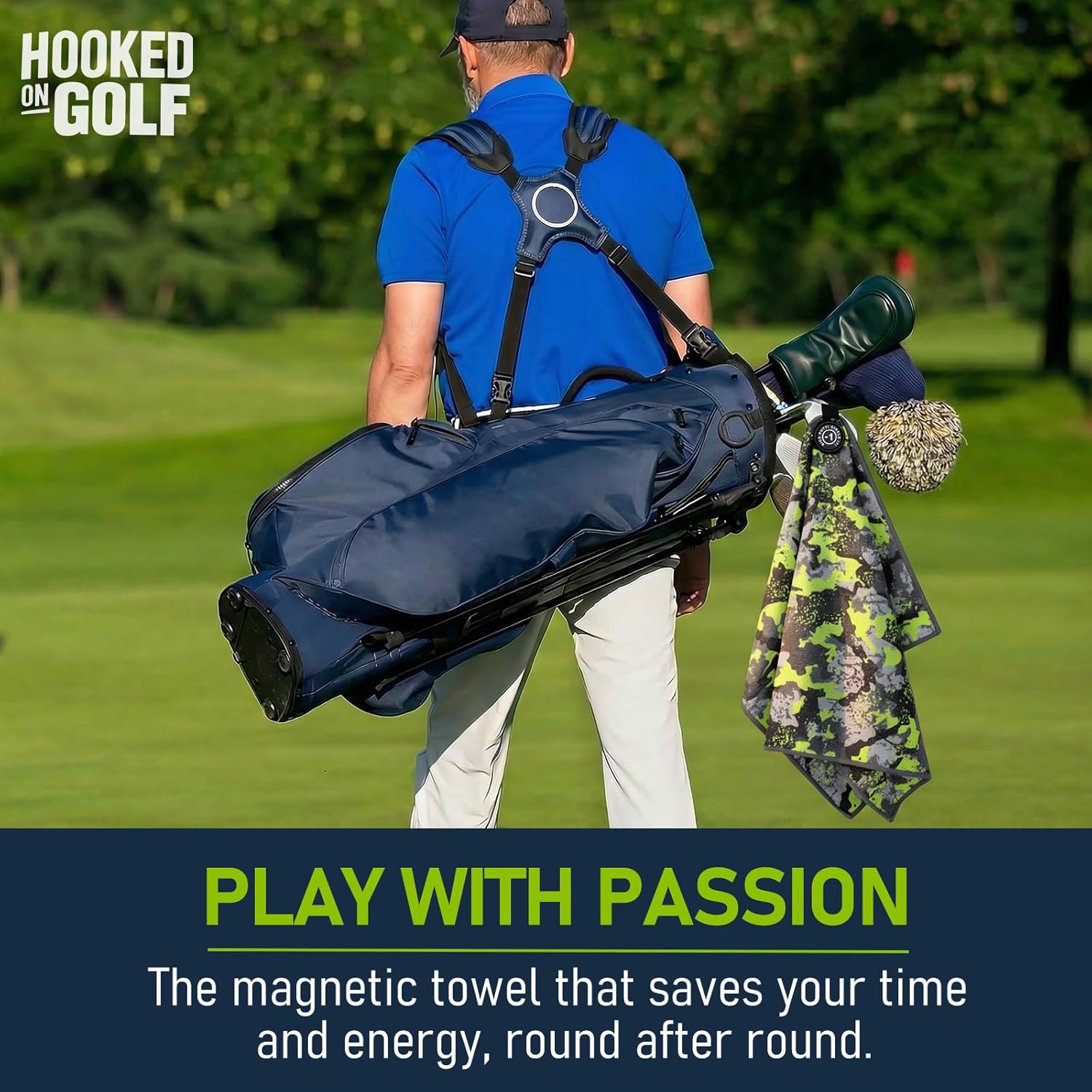 Magnetic Golf Towel 16x24 Ultra Absorbent Waffle Microfiber, Strong Magnet for Cart Clubs, Spot-Clean Design Golf Accessories Gifts for Men (Green-Camo)