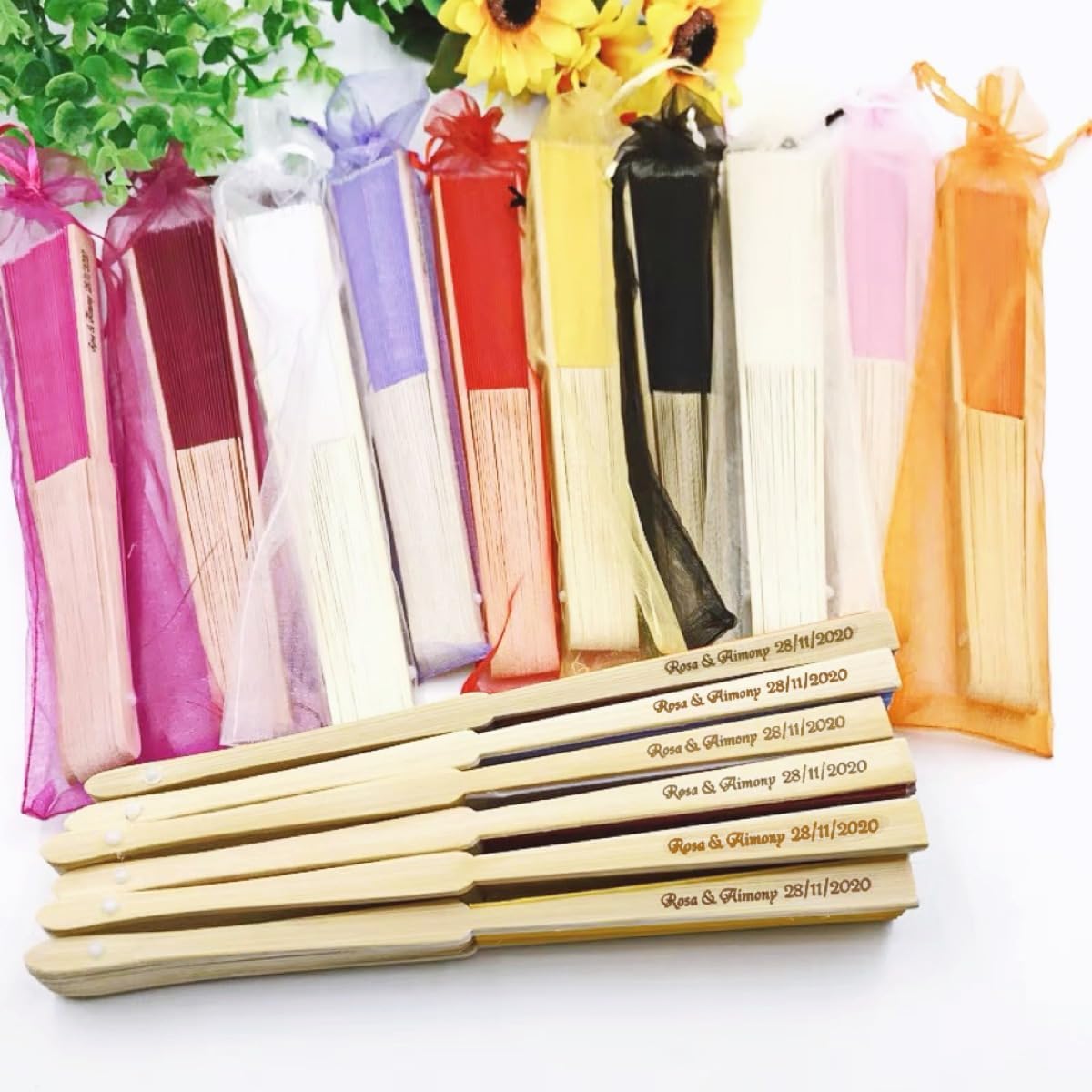 Personalized Engraved Folding Hand Fan，Wedding Gifts for Guests, Custom Logo，Birthday Party Gifts, with Organza Bag (50PCS)