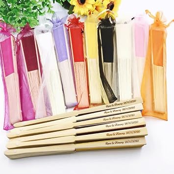 Personalized Engraved Folding Hand Fan,Wedding Gifts for Guests, Custom Logo,Birthday Party Gifts, with Organza Bag 50PCS
