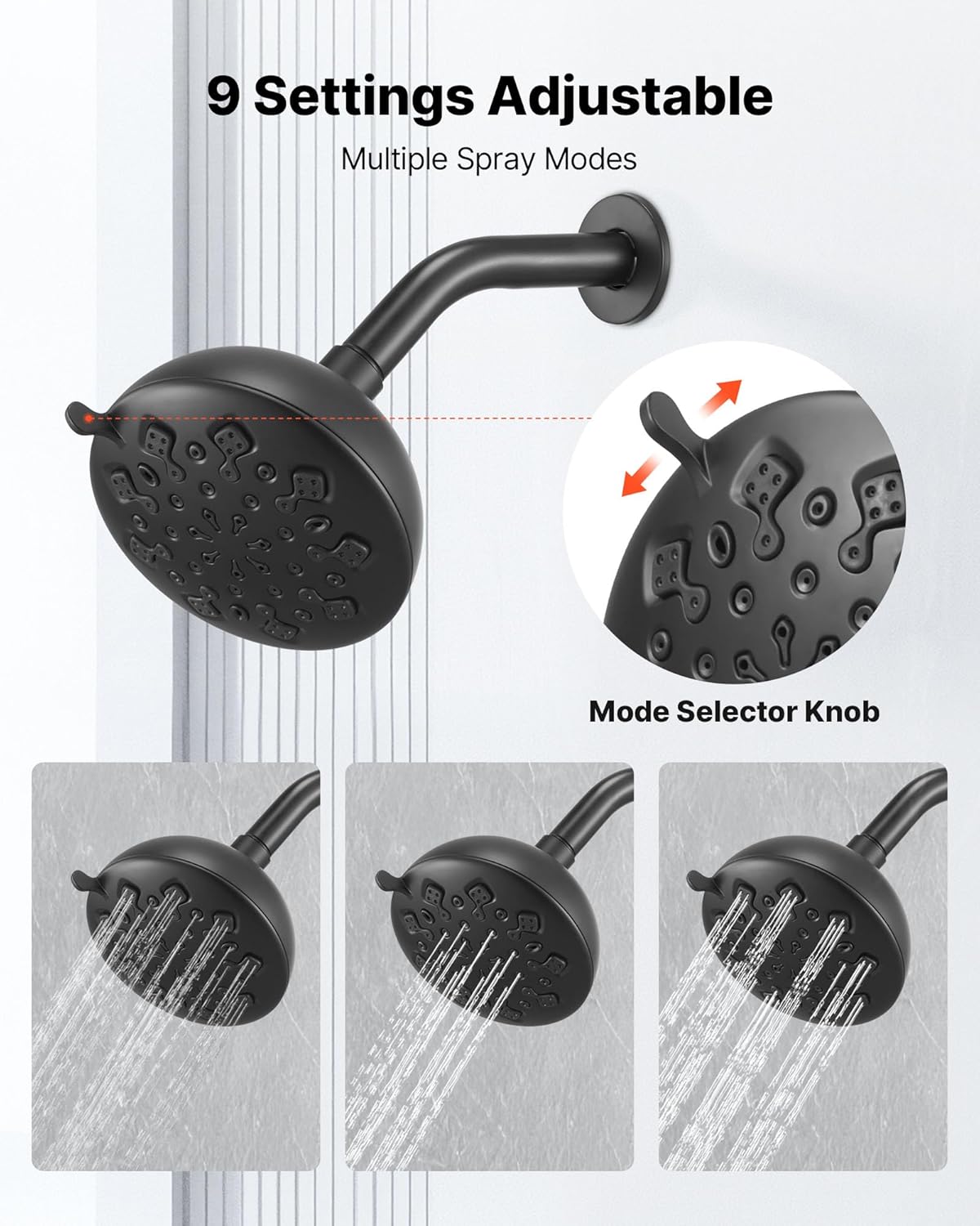 VEVOR Tub and Shower Faucet Set, Complete with 4.7-Inch Rainfall Shower Head and Bathtub Spout, 9-Setting Adjustable Spray, Single-Handle Tub Trim Kit with Brass Pressure Balancing Valve, Matte Black