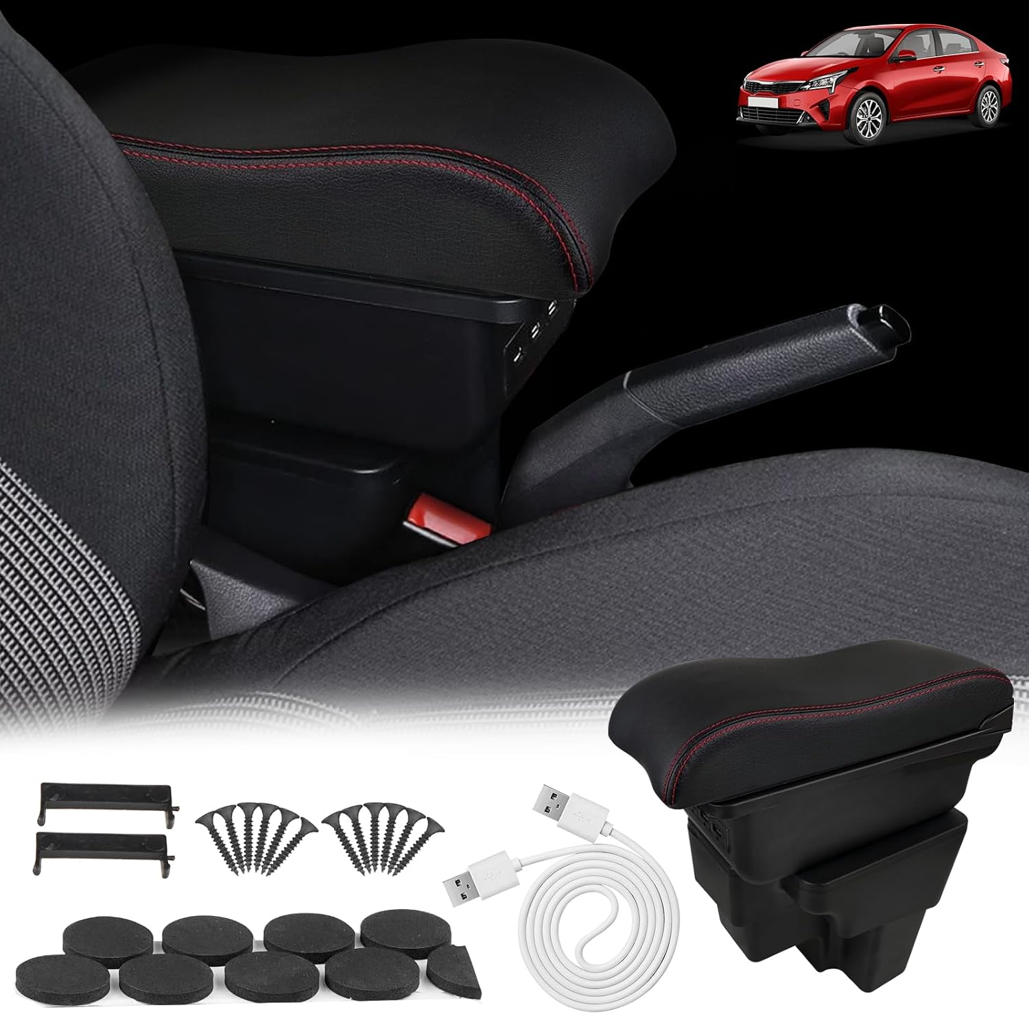 BHB Consoles Armrest Box Compatible with Kia Rio 2018-2023 Center Console Box Armrest Box USB Charge Black with Red Stitching