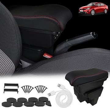 BHB Consoles Armrest Box Compatible with Kia Rio 2018-2023 Center Console Box Armrest Box USB Charge Black with Red Stitching