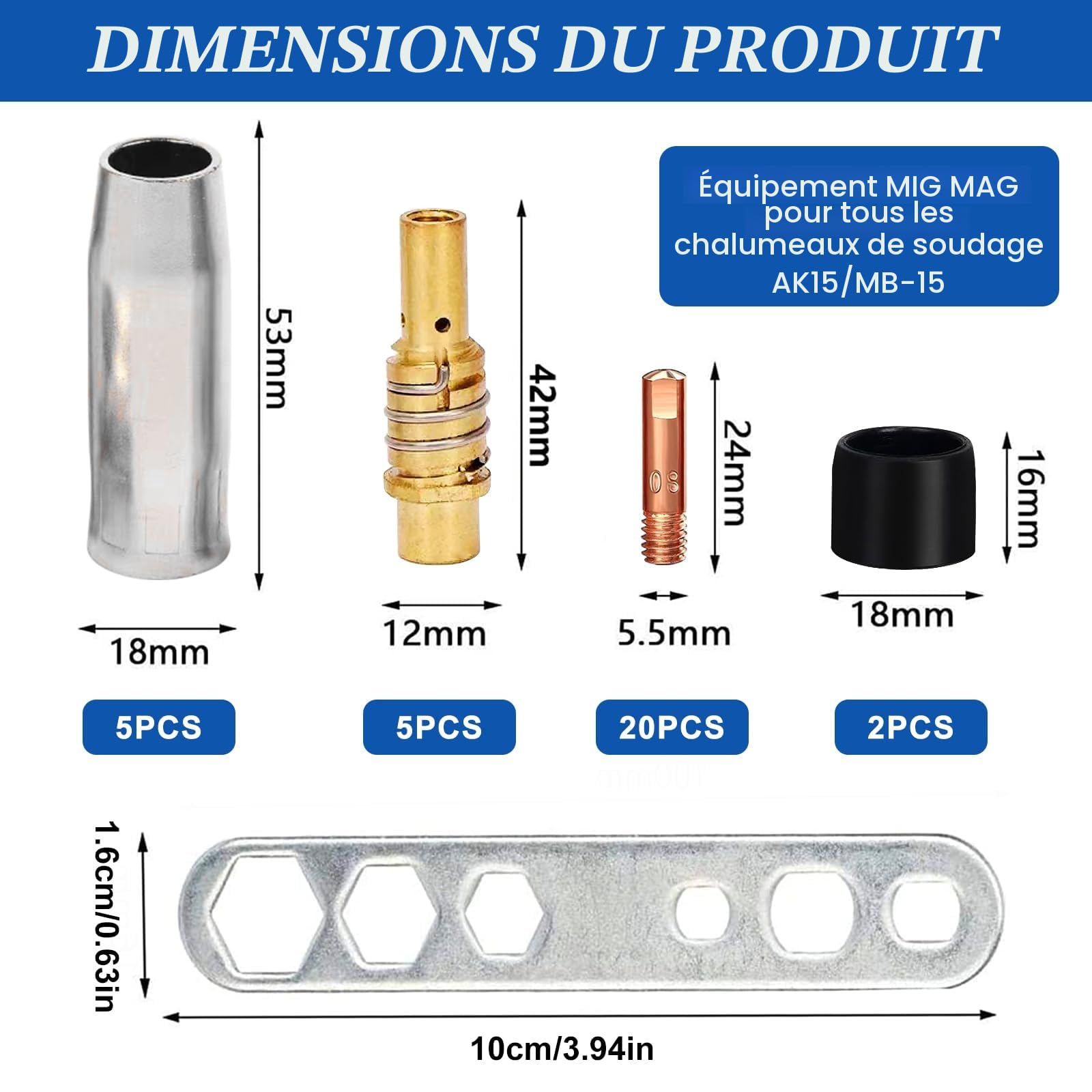 Kit de Torche de Soudage, 34 Pcs Embouts de Contact de Buse de Soudage, Ensemble de Support de Connecteur de Gaz, Contact, Buse, Connecteur, Isolant, Outil pour Torche de soudage MIG MAG