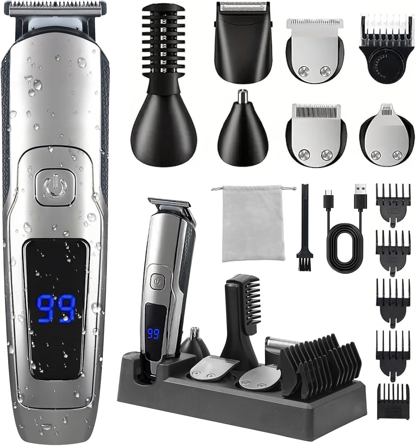 Beard Trimmer for Men, 20 Length Settings, 14-in-1 Cordless Grooming Kit, Waterproof Electric Razor for Men, Hair Trimmer, Nose Hair Trimmer, Cordless Hair Clippers with Travel Bag for Blade Storage