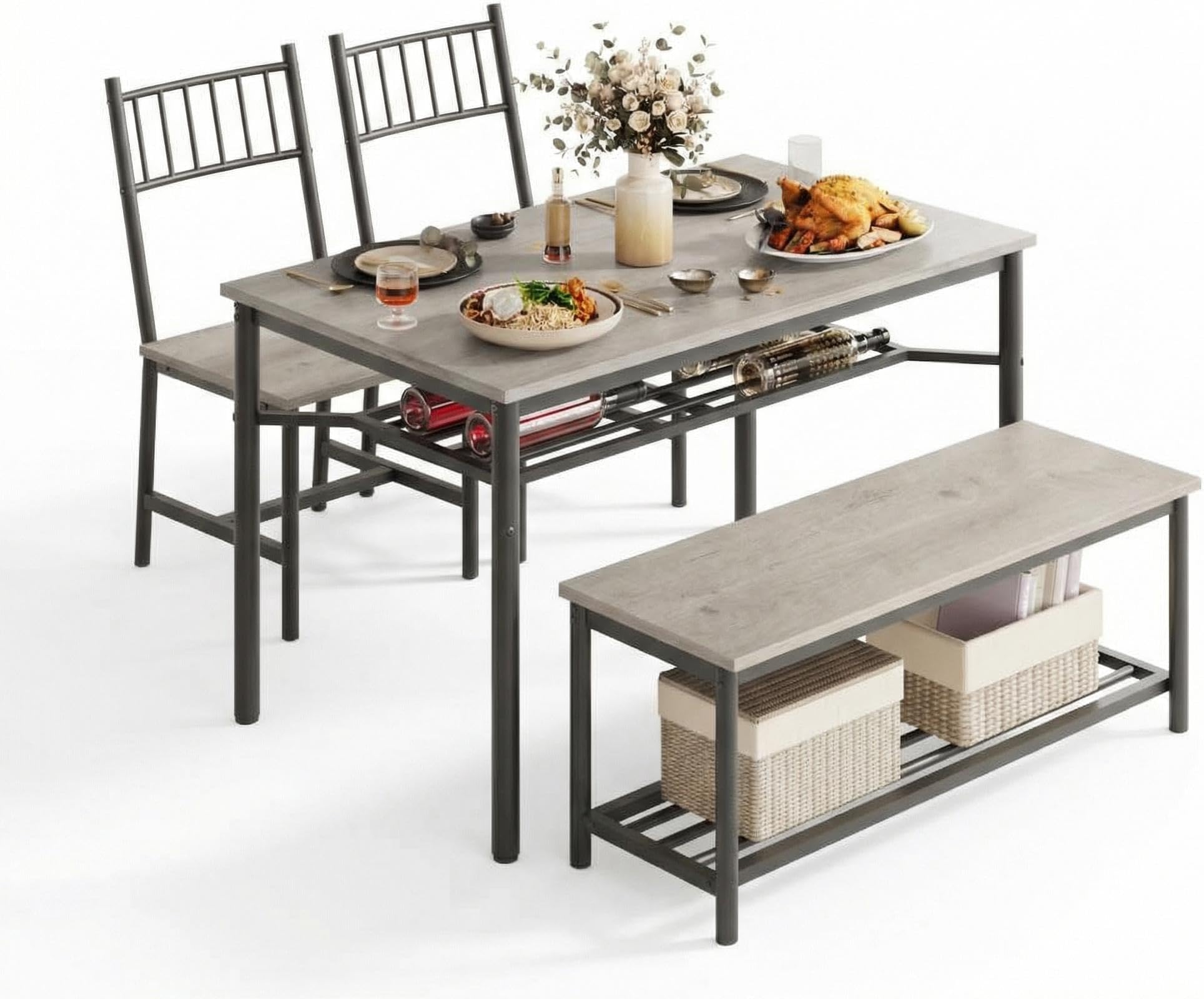 Farmhouse Dining Table Set for 4, Modern Rectangular Kitchen Table with 2 Upholstered Chairs, Storage Benches & Storage Rack, Dining Room Furniture Set for Small Space, Apartment, Gray