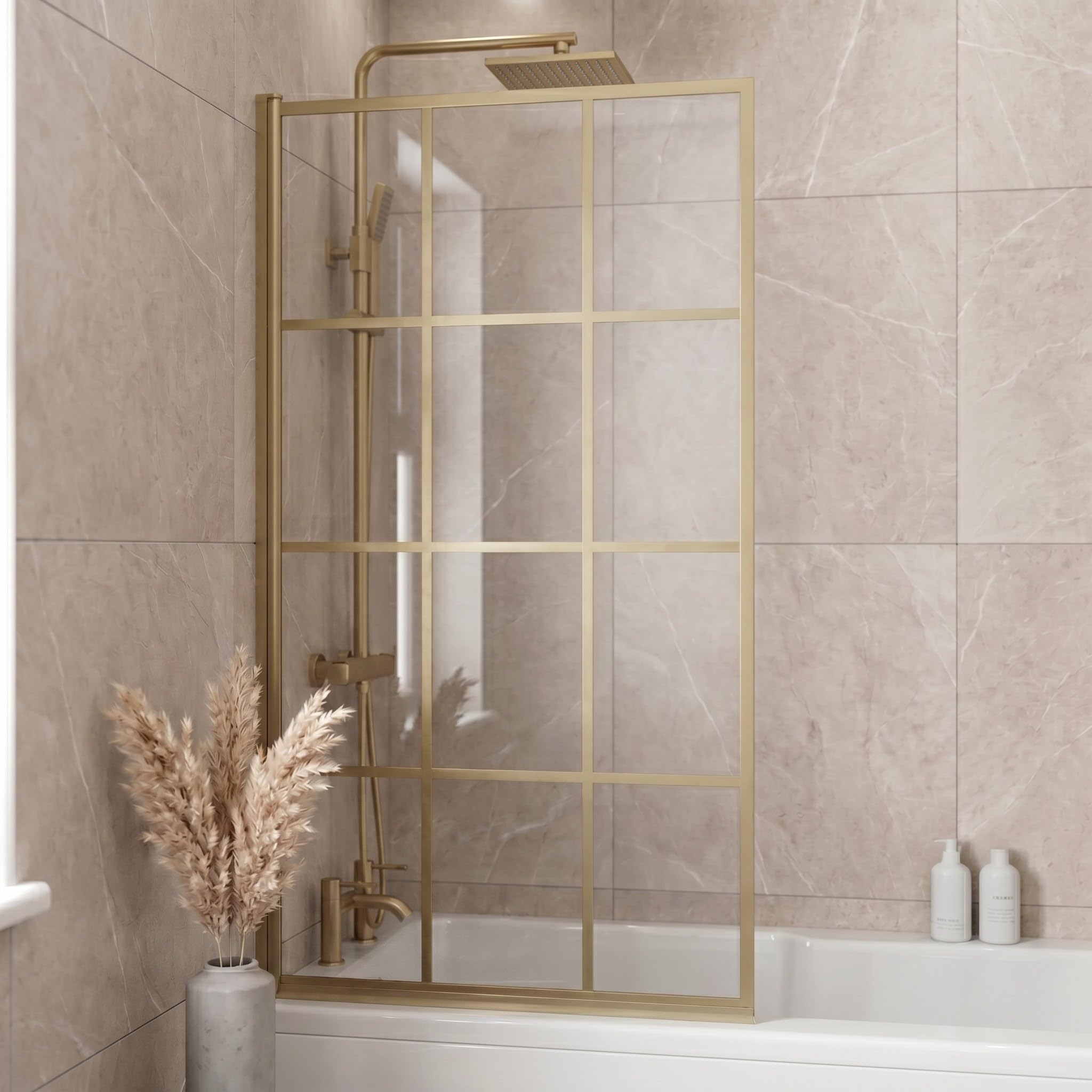 LUXURA® 800 x 1400mm Brushed Brass Square Grid Over Bath Shower Screen Door 6mm Clear Toughened Safety Glass Panel 180° Pivot Bathroom Hinged Framed Bath Screens