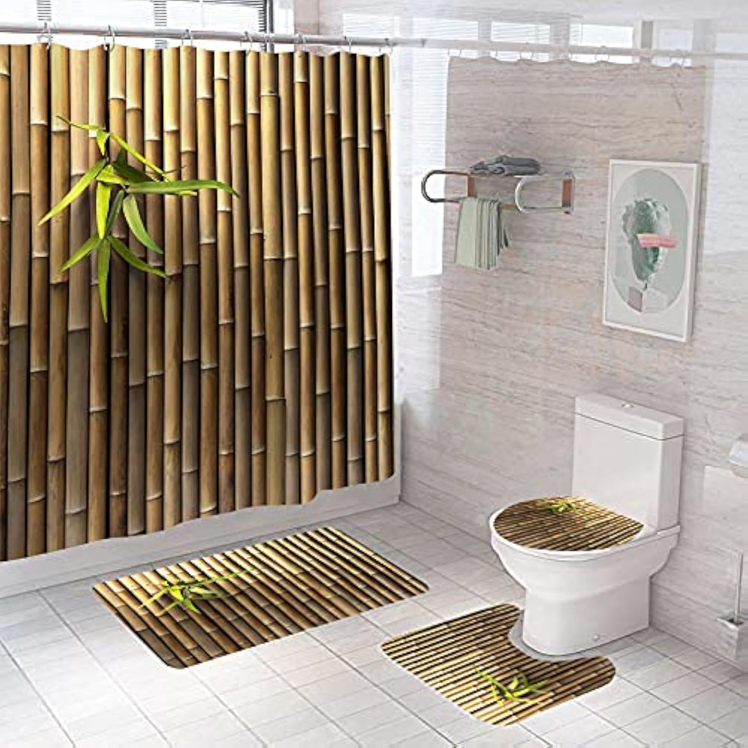 4Pcs Bamboo Shower Curtain Set with Non-Slip Rugs and Toilet Lid Cover Nature Plant 3D Printed Fabric Shower Curtain Bathroom Decor with Hooks Waterproof Washable 72"x72" Brown Green
