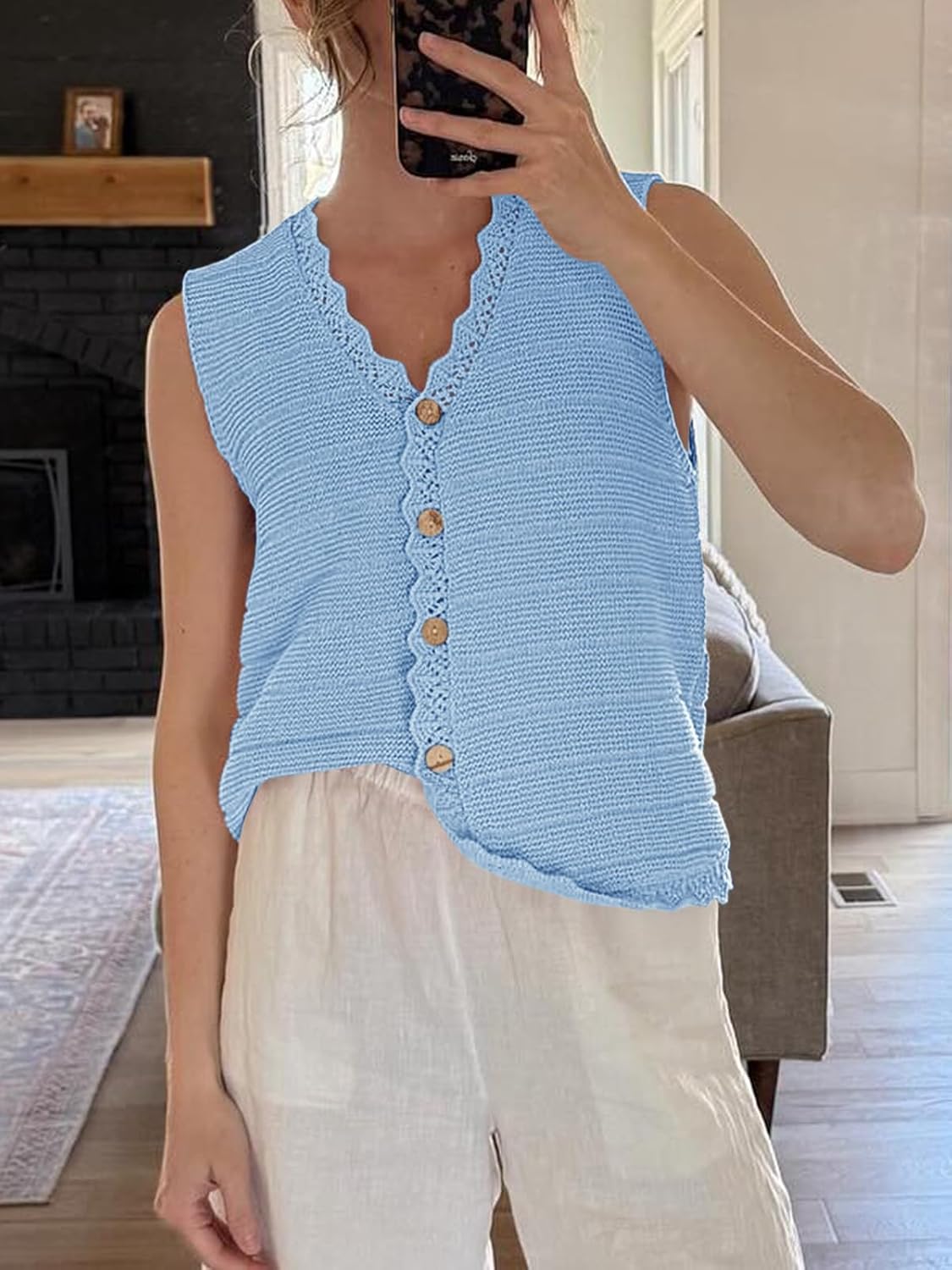 Saodimallsu Womens Sleeveless Sweater Vest V Neck Button Down Casual Loose Knit Summer Trendy Tank Tops - Image 3