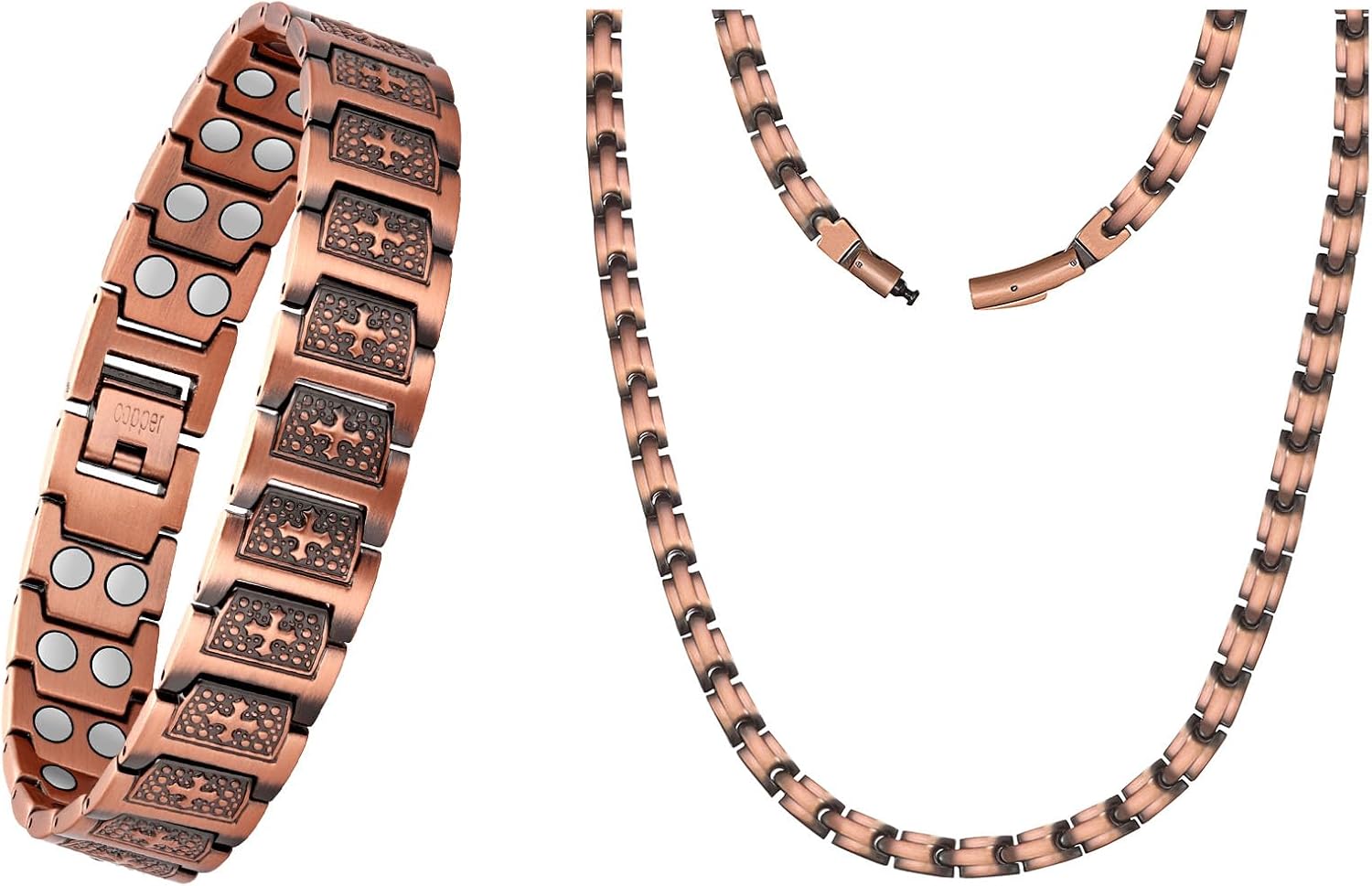 Feraco Copper Necklace & Bracelet for Men, 99.99% Pure Copper Magnetic Chains with 3500 Gauss Ultra Strength Neodymium Magnets, Adjustable Jewelry Gift