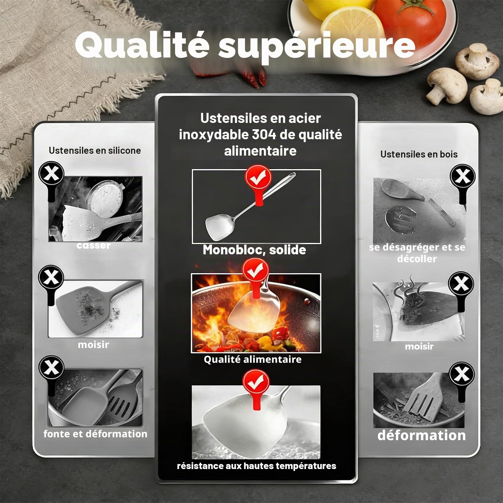Lot De 6 Ustensiles De Cuisine en Acier Inoxydable | Résistants À La Chaleur, Comprend Louche, Spatules, Écumoire Et Cuillère À Pâtes, Lave-Vaisselle
