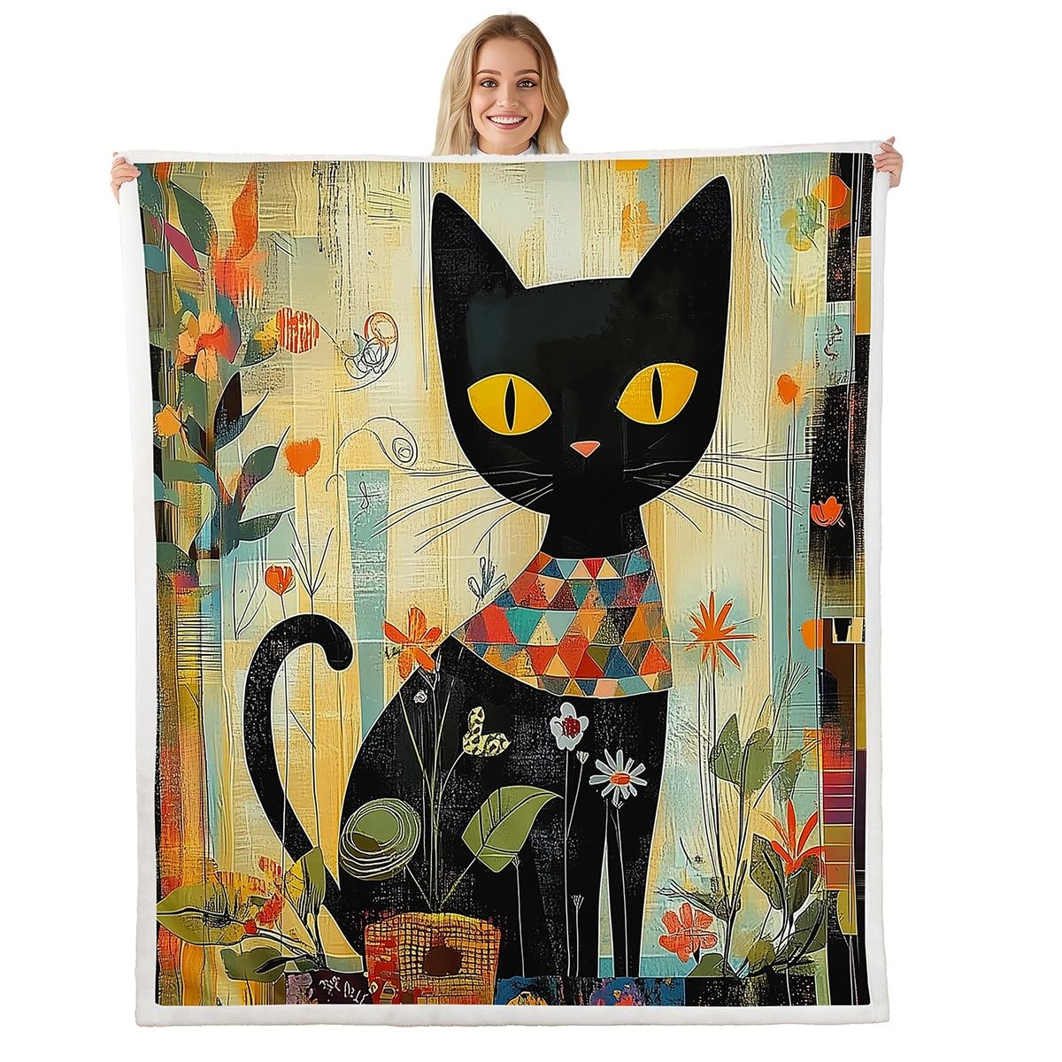 Couverture polaire chat noir contre le froid nocturne, plaid doux 130x150 cm