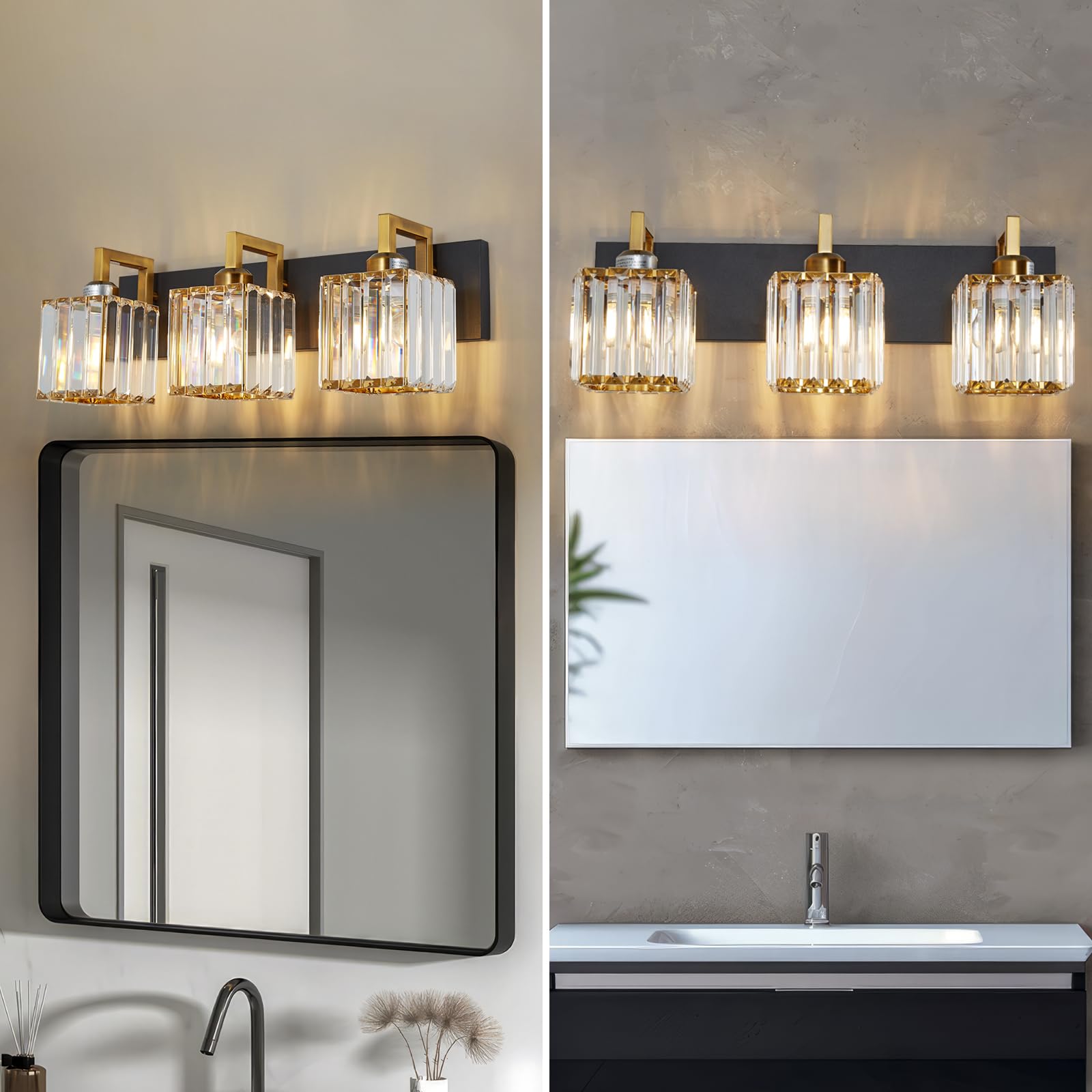 FDPBY Modern Bathroom Vanity Light 3-Lights Black Gold Crystal
