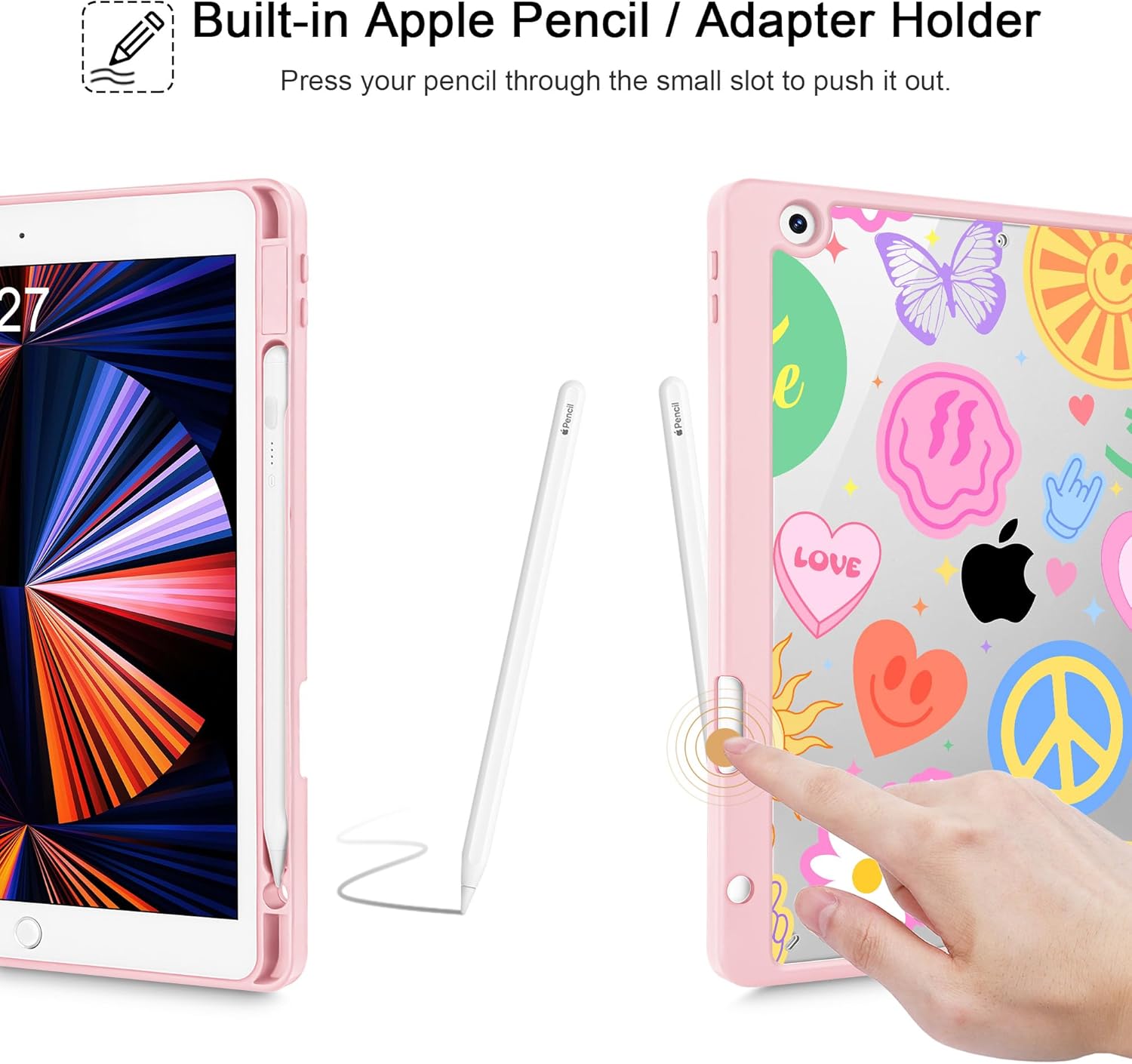 May Chen for iPad 9th Generation with Pencil Holder, iPad 8th/7th Gen Case 10.2-inch, [Penceil Holder] Trifold Stand Auto Wake/Sleep Clear TPU Protection Back Cover, Smile Art - Image 8