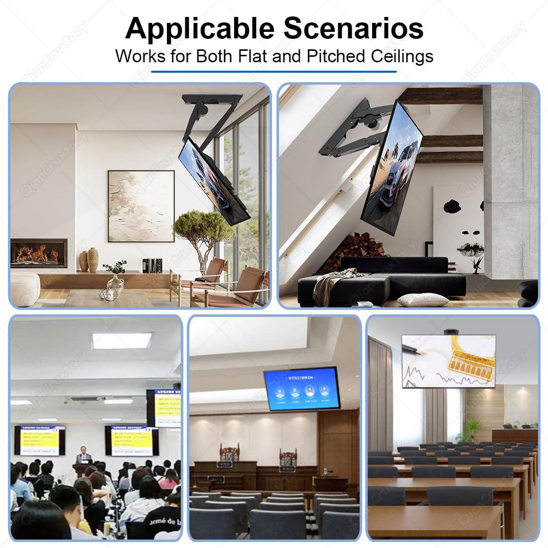 Soporte TV Techo Motorizado Abatible, Elevador Eléctrico para Pantallas Planas y Curvas de 43-65 Pulgadas, VESA 600x600 mm, Ángulo 0-90°, Doble Control (Mando a Distancia+Interruptor)