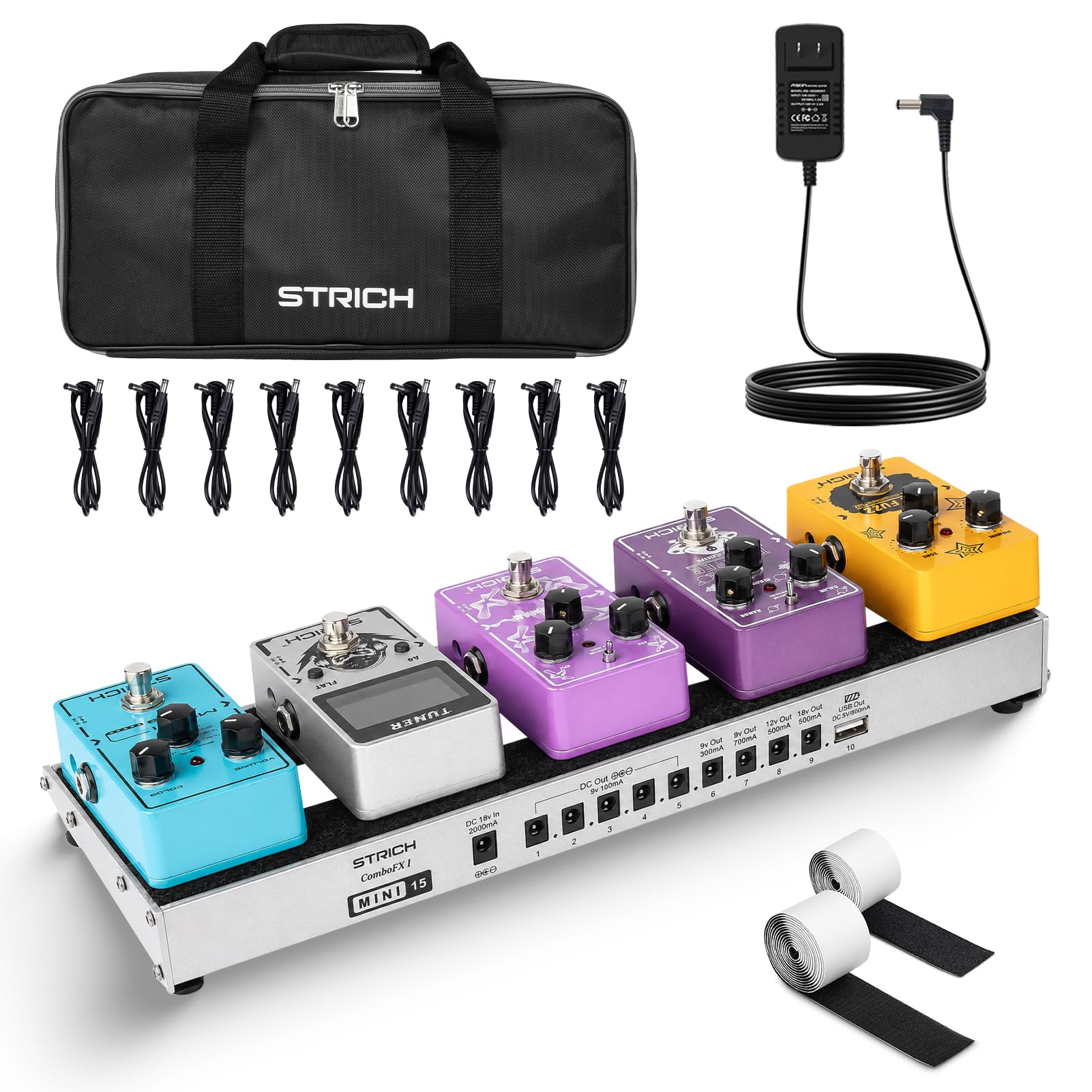 STRICH Guitar Pedal Board with Built-in Power Supply, 15 x 5.1" Small Silver-White Aluminum Alloy PedalBoard, Lightweight 1.3LB with Bag, Cables &amp; Hook Loop, PB-M15