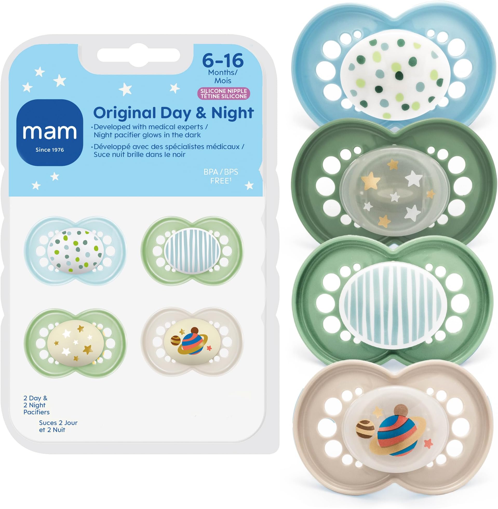 Original Baby Pacifiers 6-16 Months, Binky for Newborn Babies, BPA-Free Skin Soft Silicone Nipple, Glows in The Dark, Developed with Medical Experts, 4 Count, Made in Europe