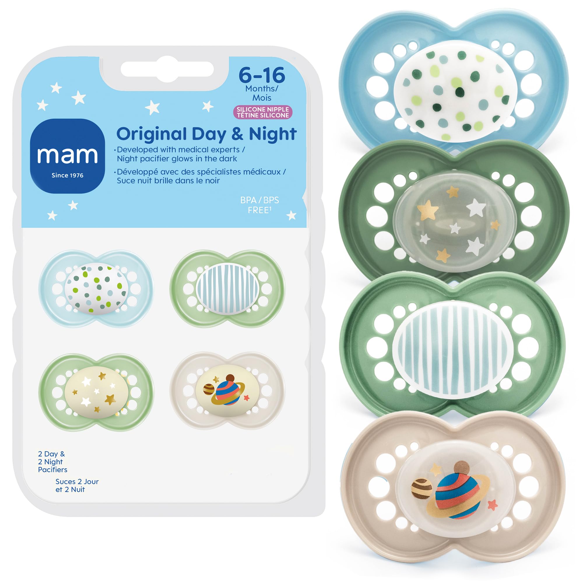 MAM Original Baby Pacifiers 6-16 Months, Binky for Newborn Babies, BPA-Free Skin Soft Silicone Nipple, Glows in The Dark, Developed with Medical Experts, 4 Count, Sterilizer Case, Made in Europe