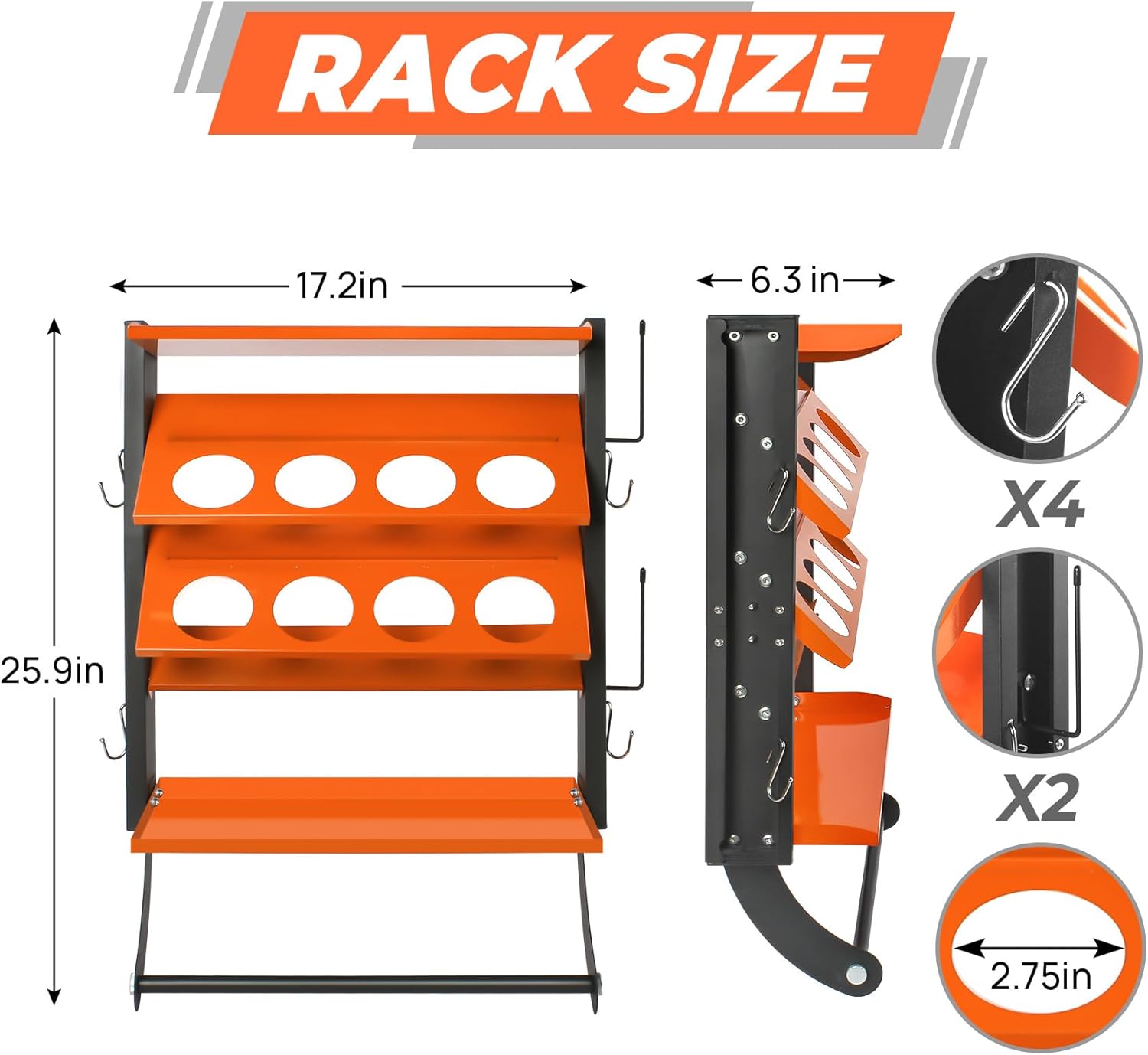 2-Tier Spray Paint Can Holder Rack Wall-Mount, Heavy Duty Spray Bottle Lube Can Organizer, 8 Can Storage Rack with Paper Towel Rod, Ideal for Garage/Workshop/Home,Orange