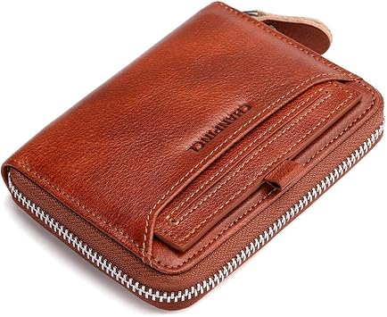 Mens Genuine Leather Zipper Wallet RFID Secure Large Capacity Multi-card Leather Wallets for Men and Extract card Yellowish brown