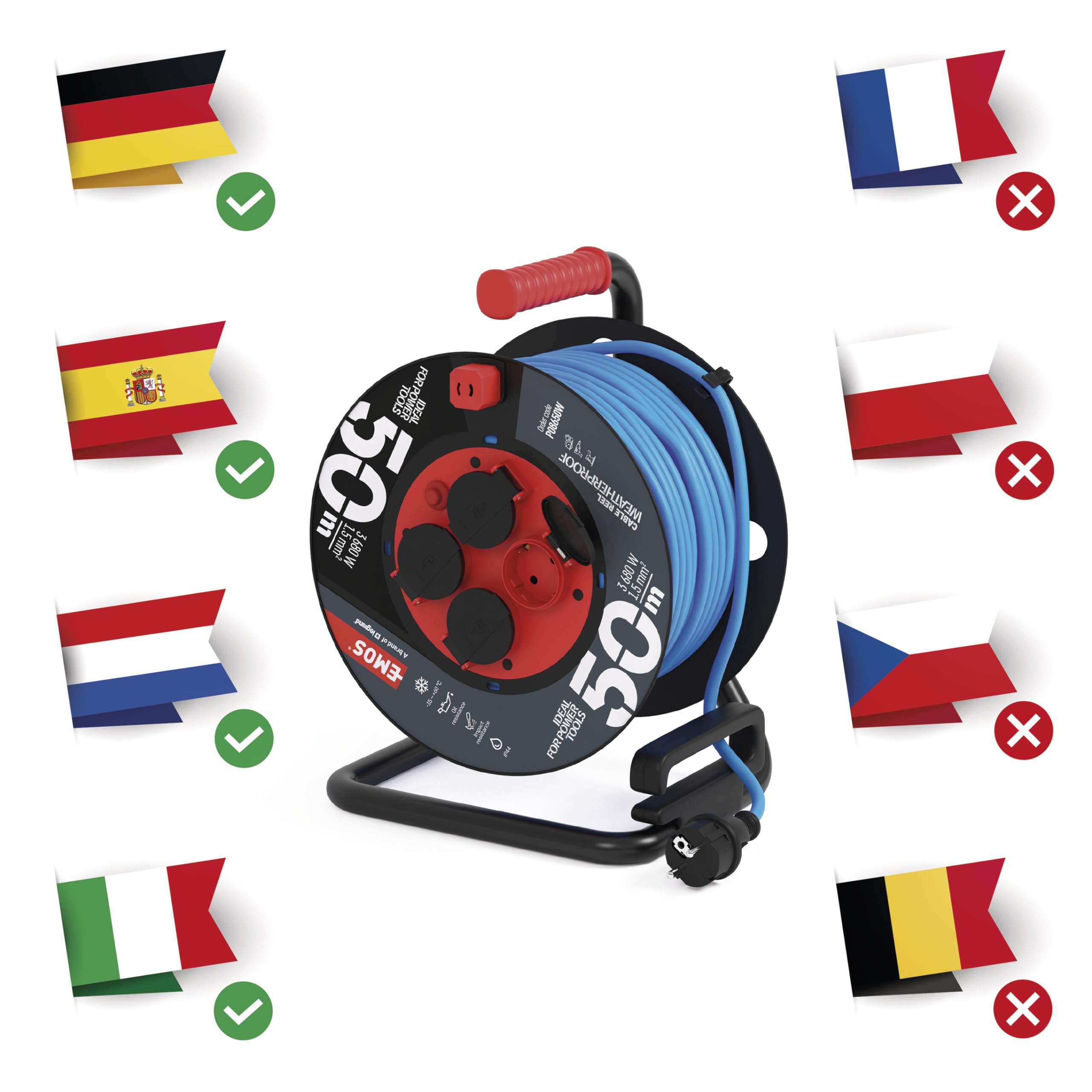 EMOS Avvolgicavo per esterni con isolamento in silicone, cavo da 50 m, 1,5 mm2, 4 prese Schuko con coperchio ribaltabile, IP44, impermeabile e resistente al gelo, per esterni, industria, cantieri