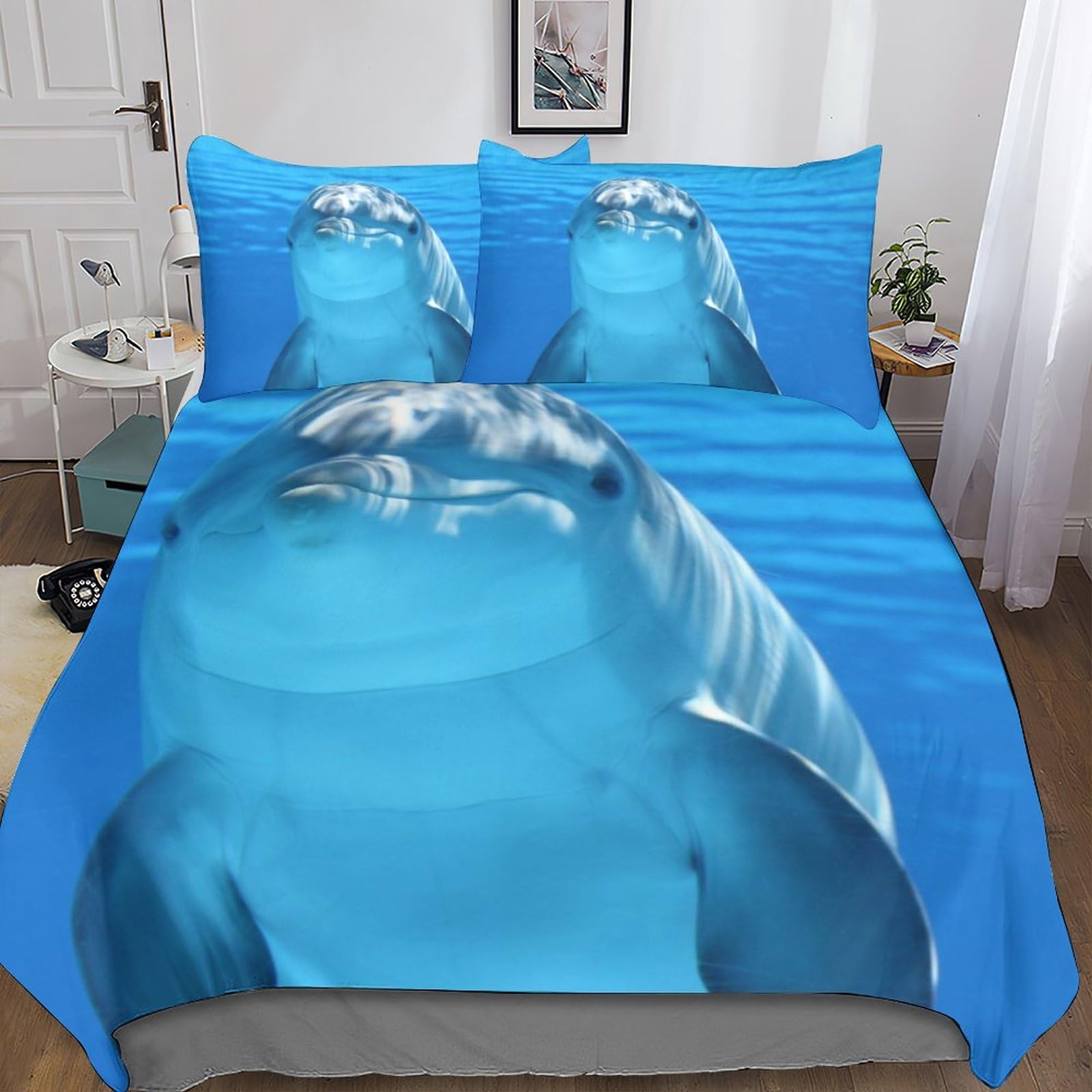 Parure de lit animaux avec housse de couette microfibre douce et taie d'oreiller motif dauphin