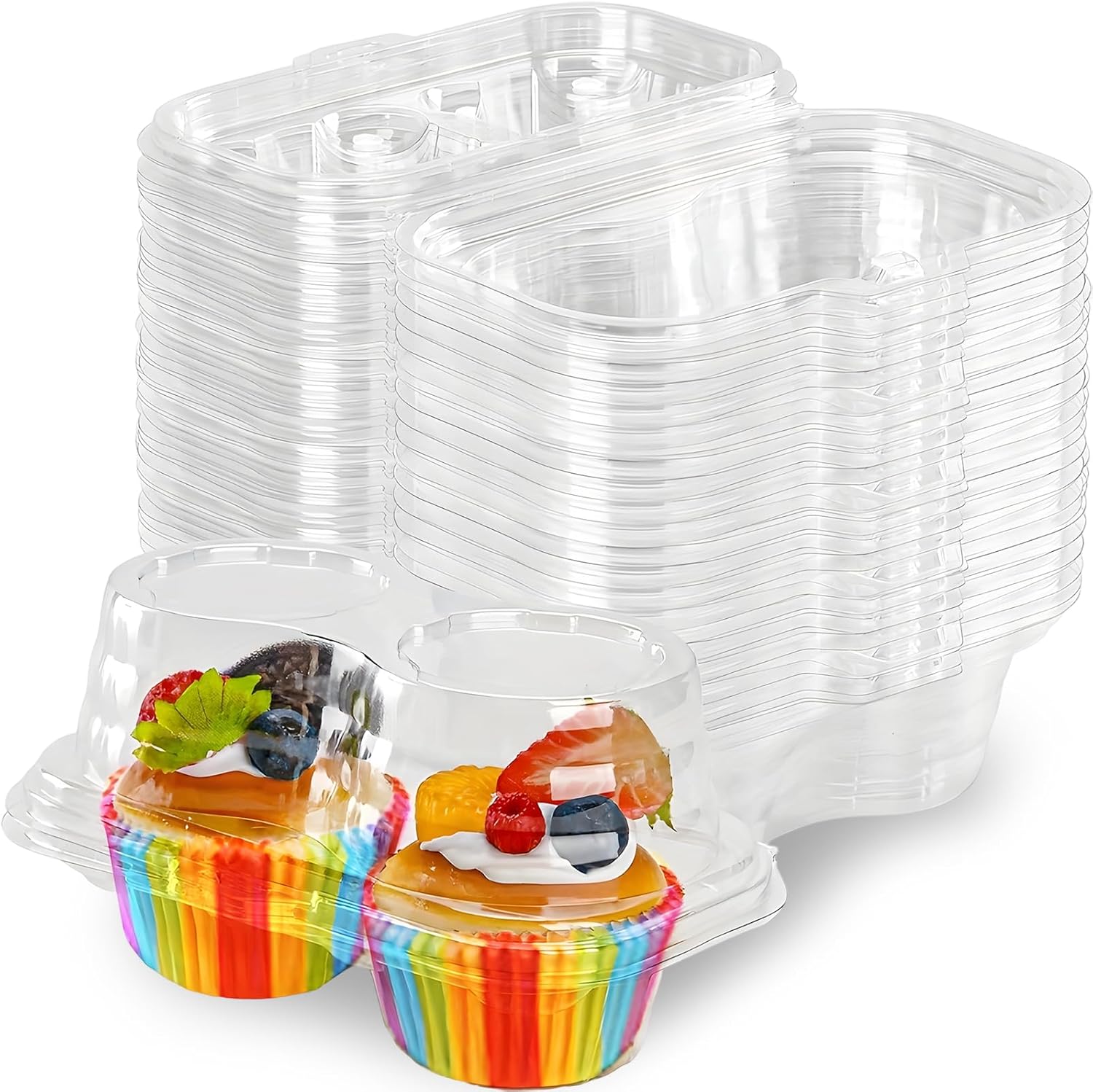125 Pcs Cupcake Containers - Includes 25 Plastic Cake Boxes with Lids and 100 Rainbow Paper Cake Trays,Plastic Cupcake Carrier for Home Baking,Cake Shops