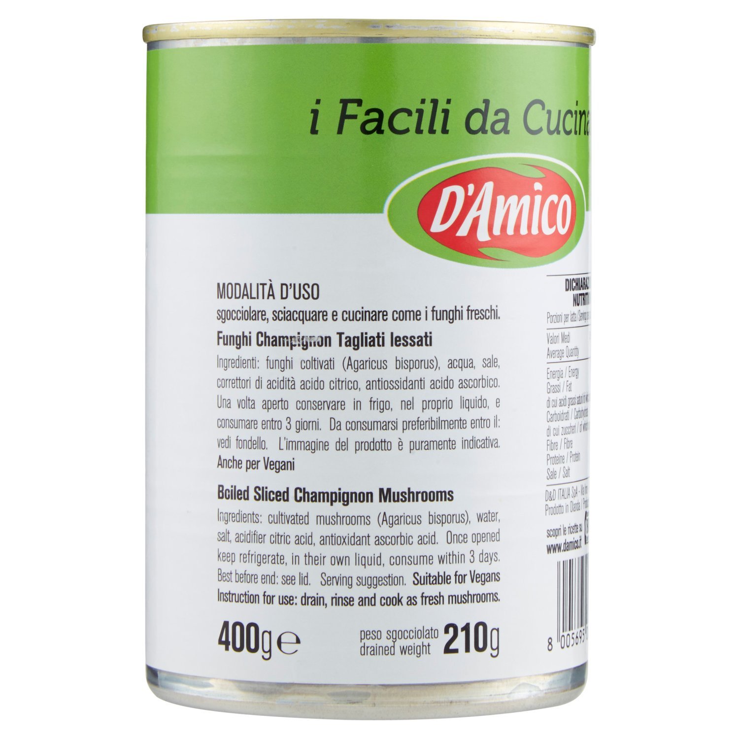 D'Amico - I Facili da Cucinare, Funghi Champignons, tagliati e lessati al naturale - 6 pezzi da 400 g [2400 g]